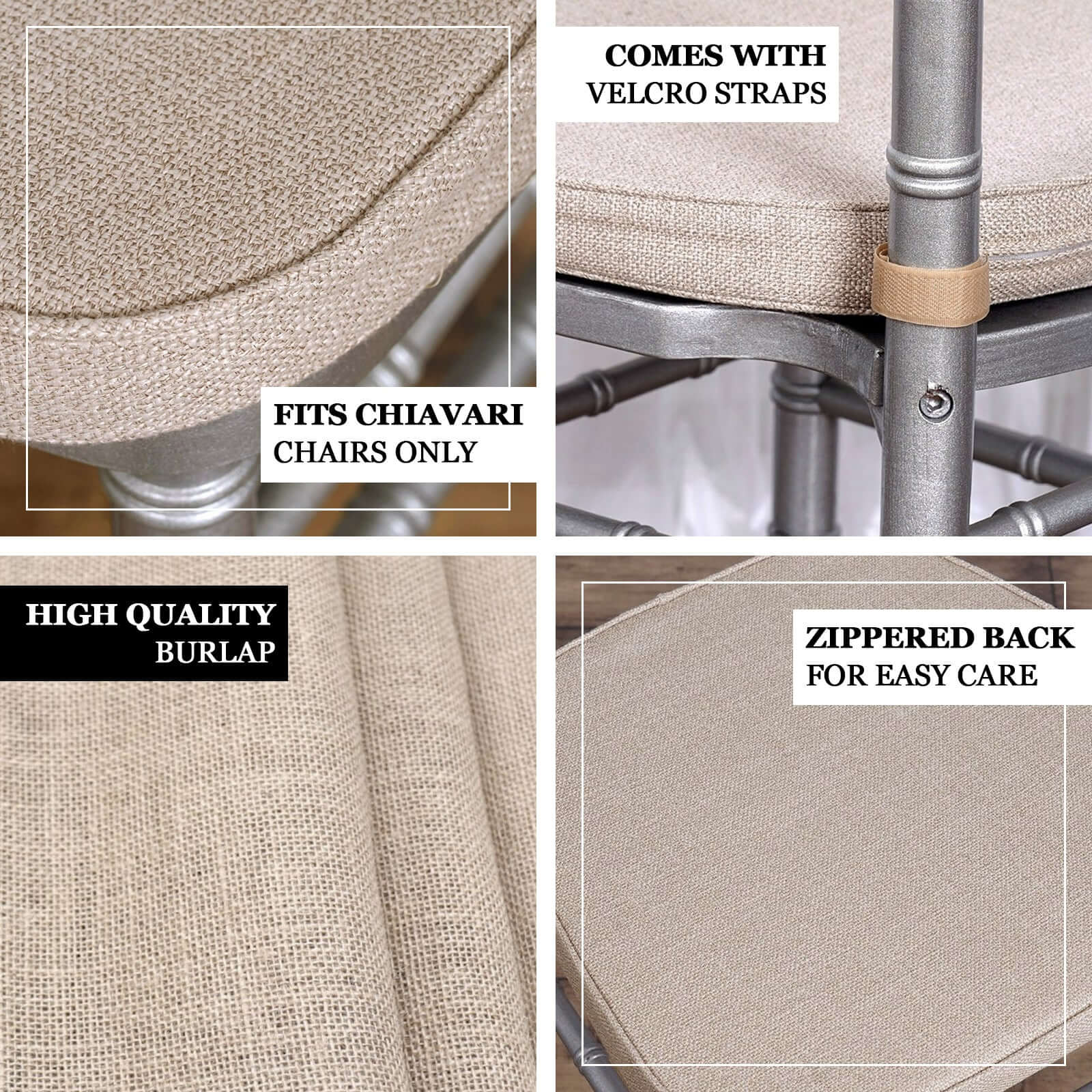 Natural Burlap Chiavari Chair Pad with Soft Cushion and Ties 2" Thick - Removable Cover for Rustic Events - Image 4