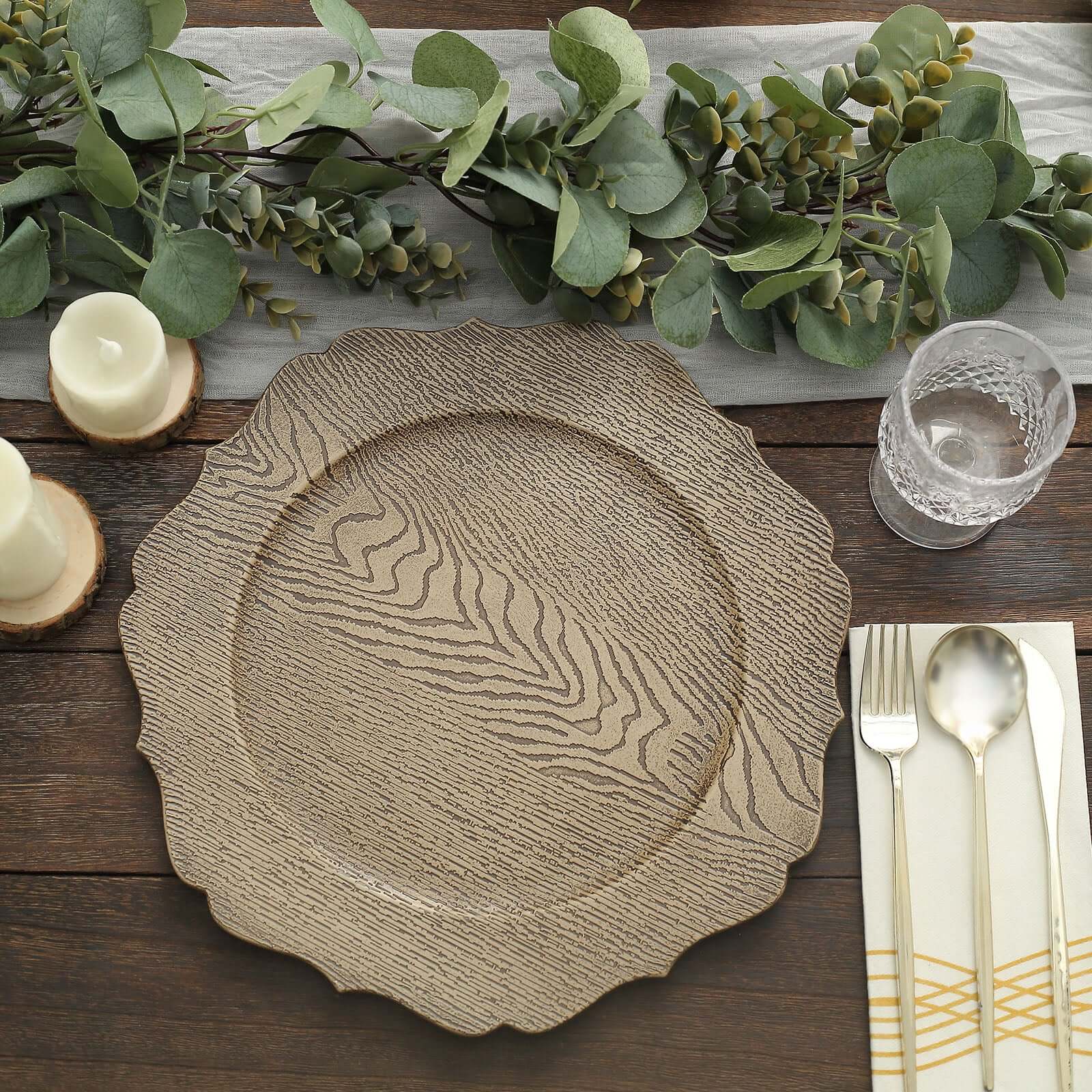 6-Pack Acrylic Charger Plates 13" Round Rustic Natural with Wood Grain Scalloped Rim - Dinner Charger Tableware