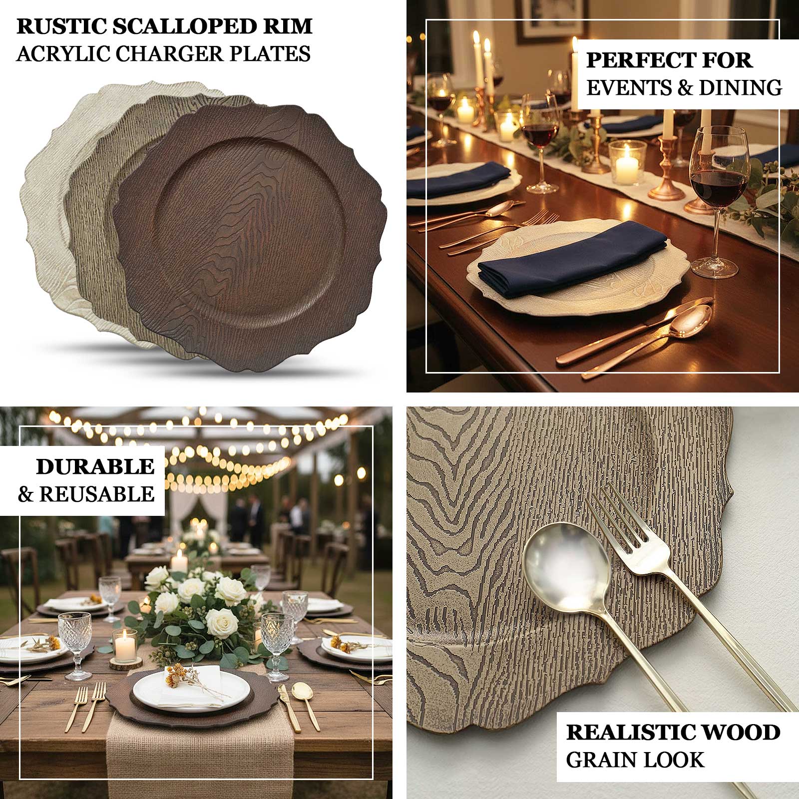 6-Pack Acrylic Charger Plates 13" Round Rustic Natural with Wood Grain Scalloped Rim - Dinner Charger Tableware - Image 4
