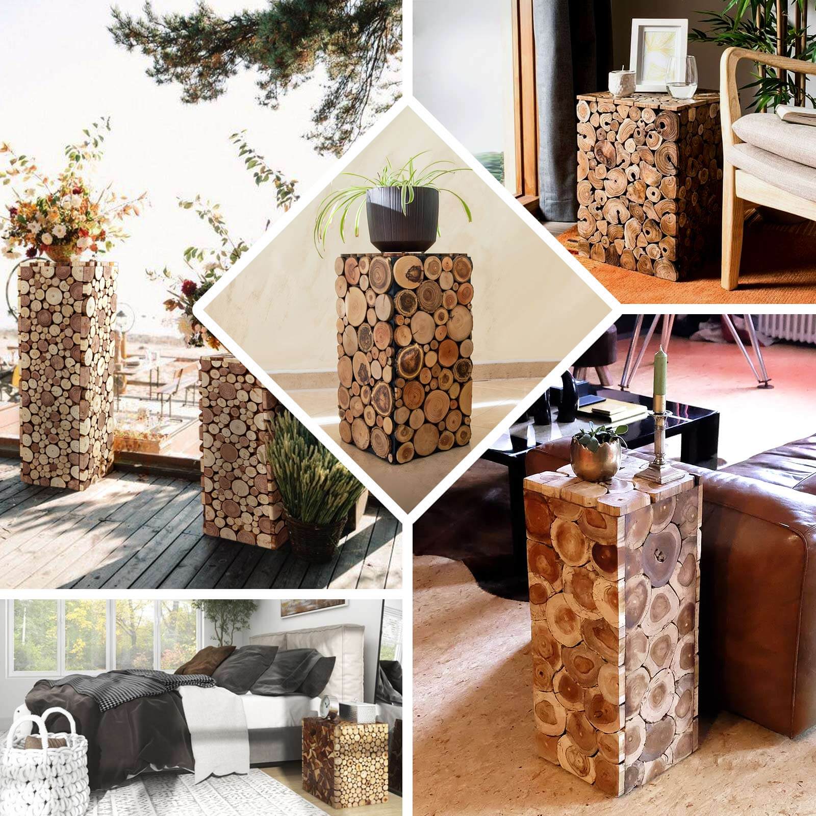 Natural Wooden Slices Pillar Prop Pedestal Stand, Rustic Farmhouse Wood Riser Rectangular Plant Stand - 24" - Image 5
