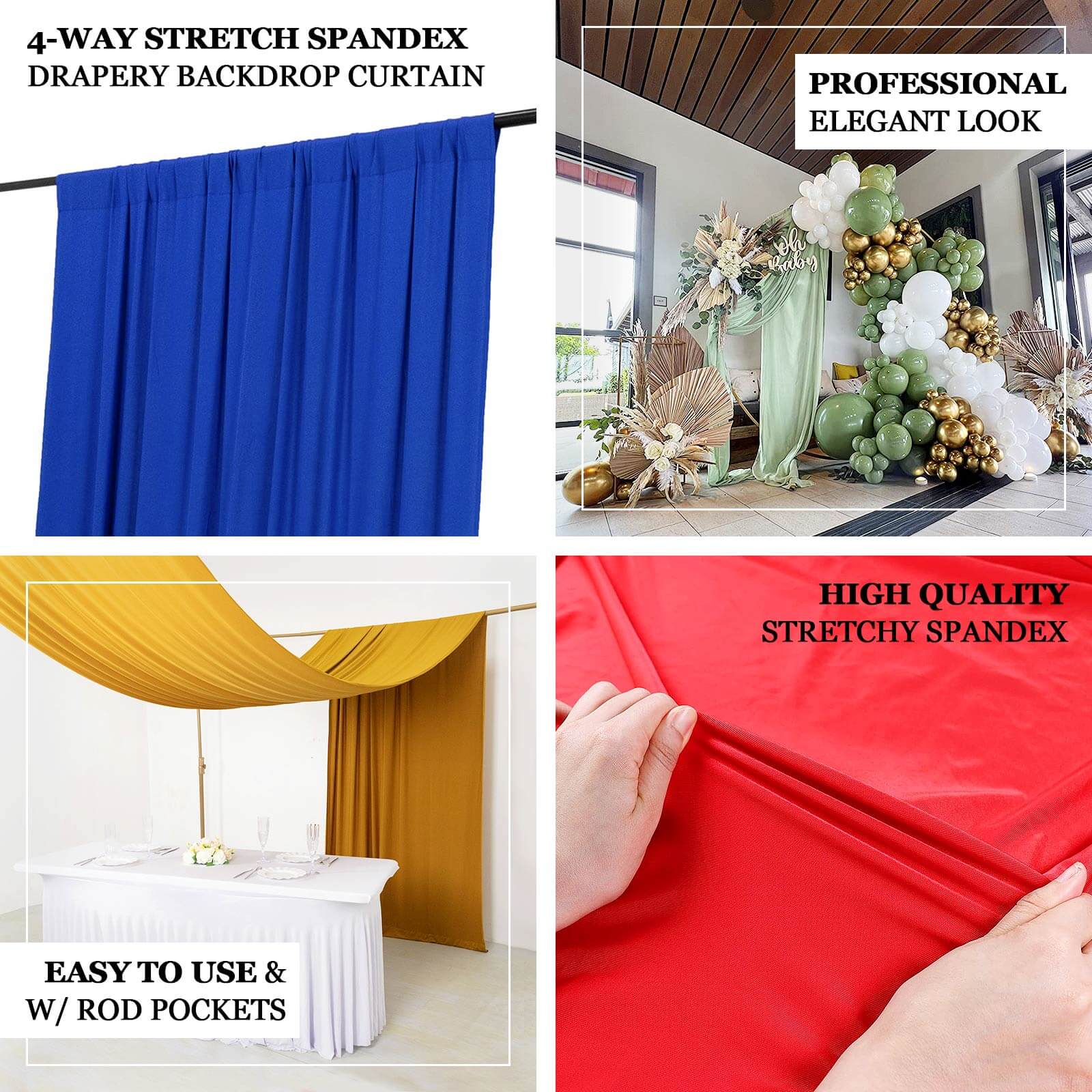 Navy Blue 4-Way Stretch Spandex Backdrop Drape Curtain, Wrinkle Free Event Divider Panel with Rod Pockets - 5ftx14ft - Image 4