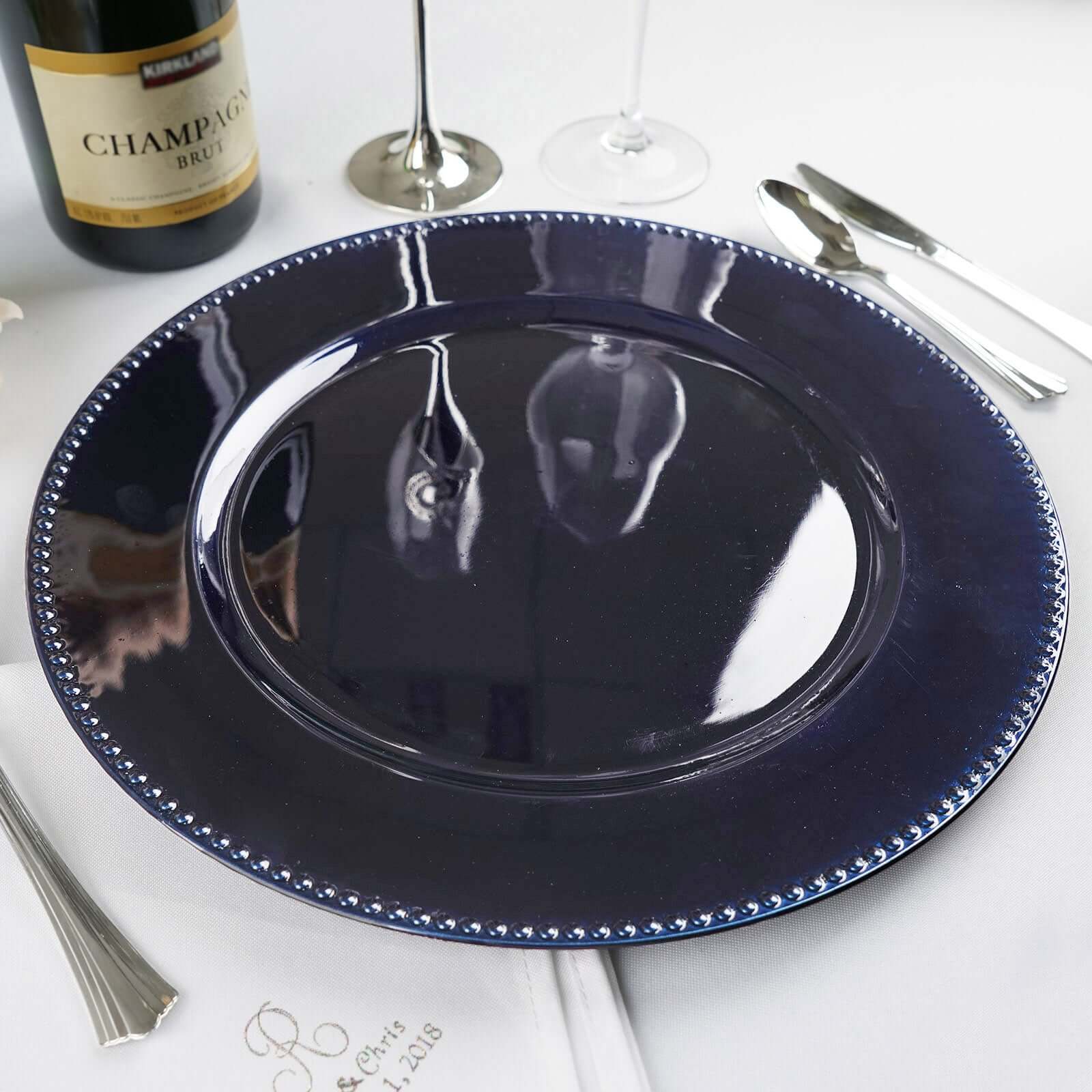 6-Pack Acrylic Charger Plates 13" Round Navy Blue Beaded Rim - Dinner Charger Tabletop Decor