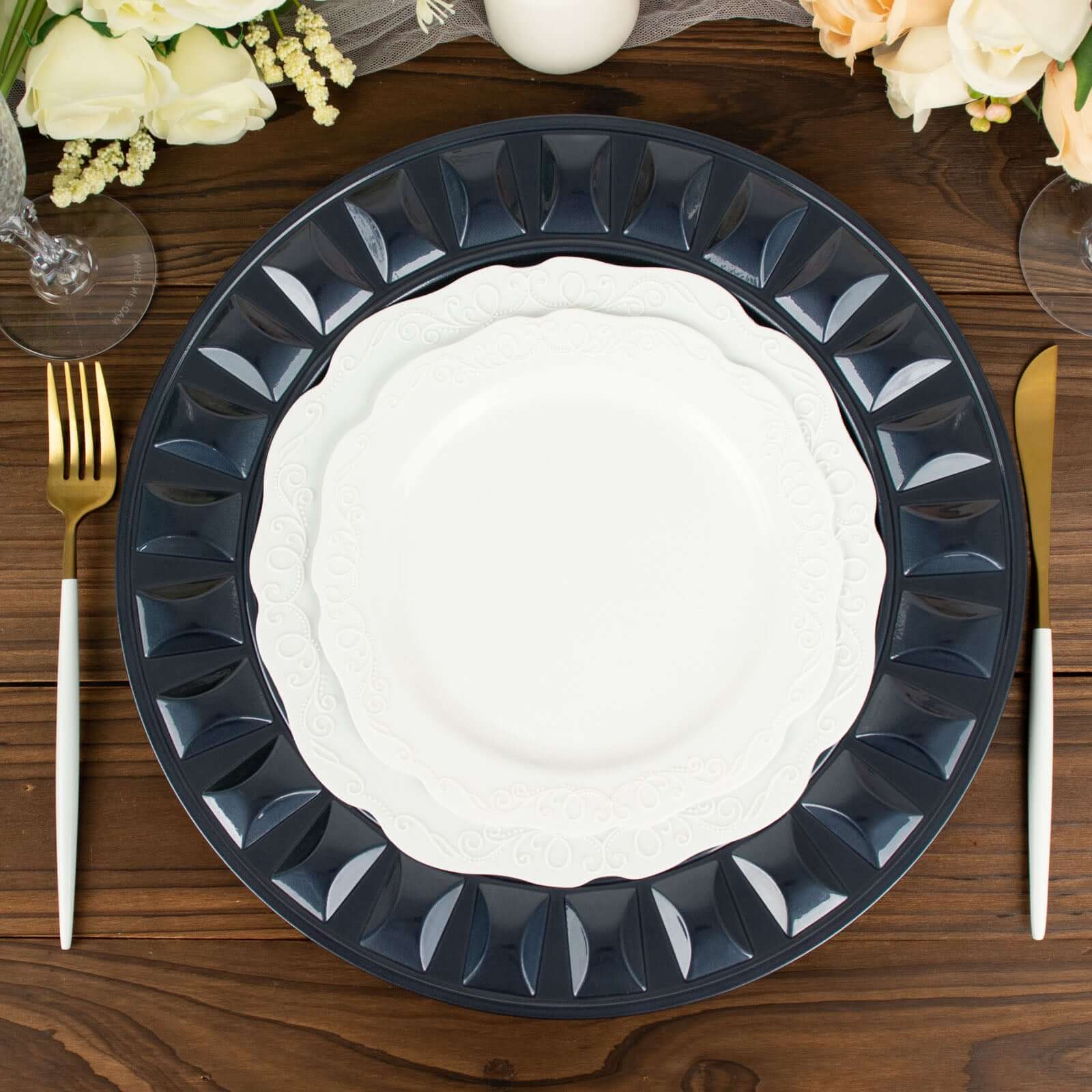 6-Pack Plastic Charger Plates 13" Round Navy Blue Bejeweled Rim - Dinner Charger Tableware - Image 2
