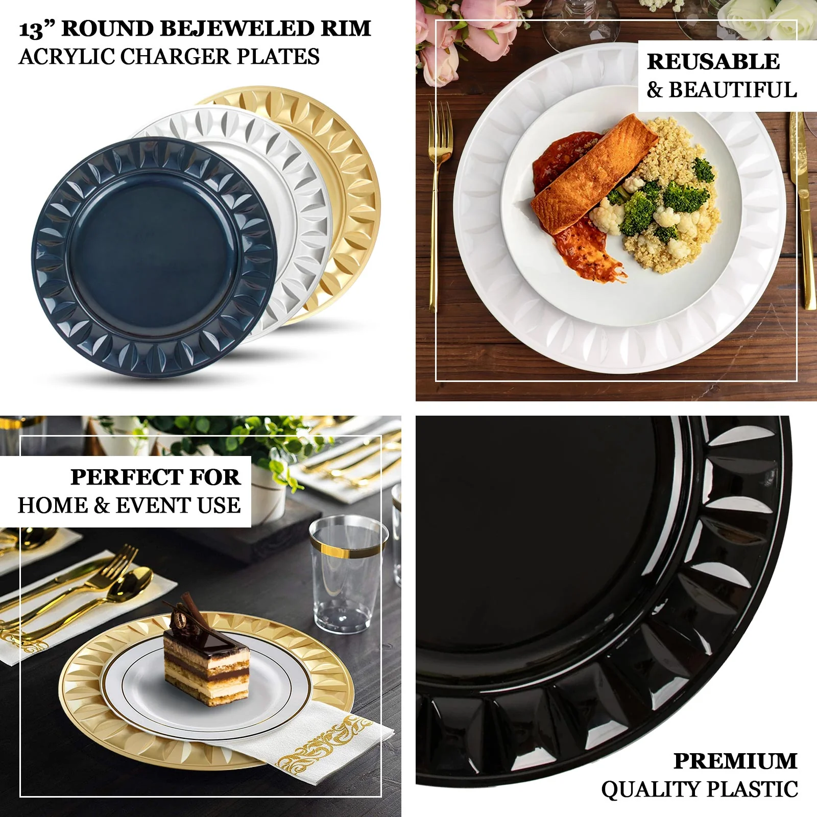 6-Pack Plastic Charger Plates 13" Round Navy Blue Bejeweled Rim - Dinner Charger Tableware - Image 4