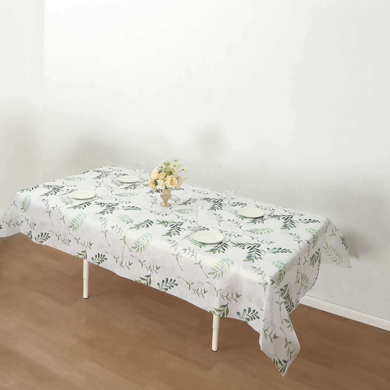 Non-Woven Tablecloth 60"x102" Rectangle White/Green with Olive Leaves Print - Disposable Cover for Spring Dining - Image 2