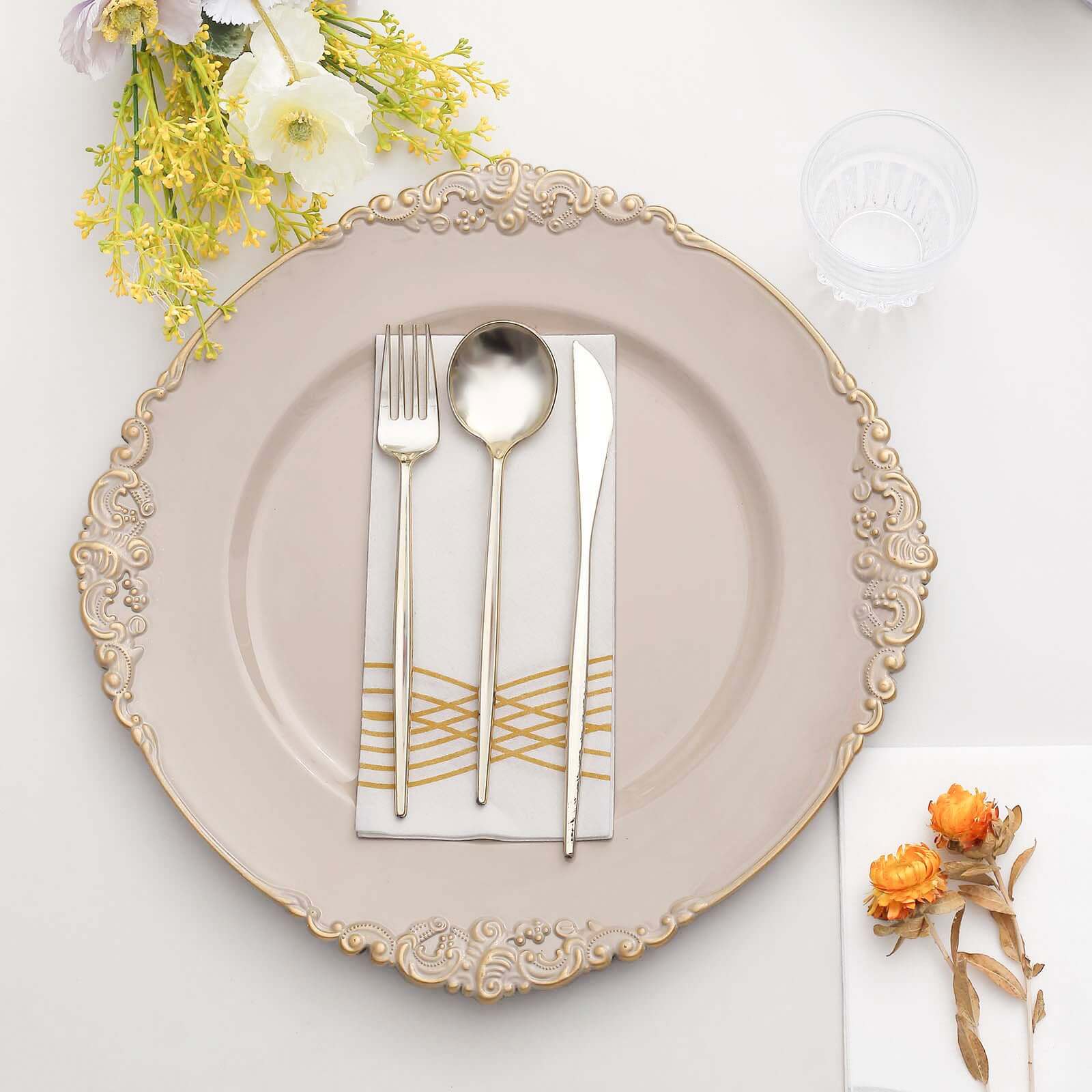 6-Pack Acrylic Charger Plates 13" Round Nude Taupe with Gold Embossed Baroque Rim - Antique Decorative Dinner Tableware - Image 2