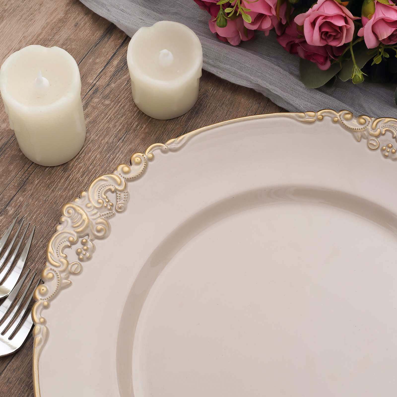 6-Pack Acrylic Charger Plates 13" Round Nude Taupe with Gold Embossed Baroque Rim - Antique Decorative Dinner Tableware - Image 8