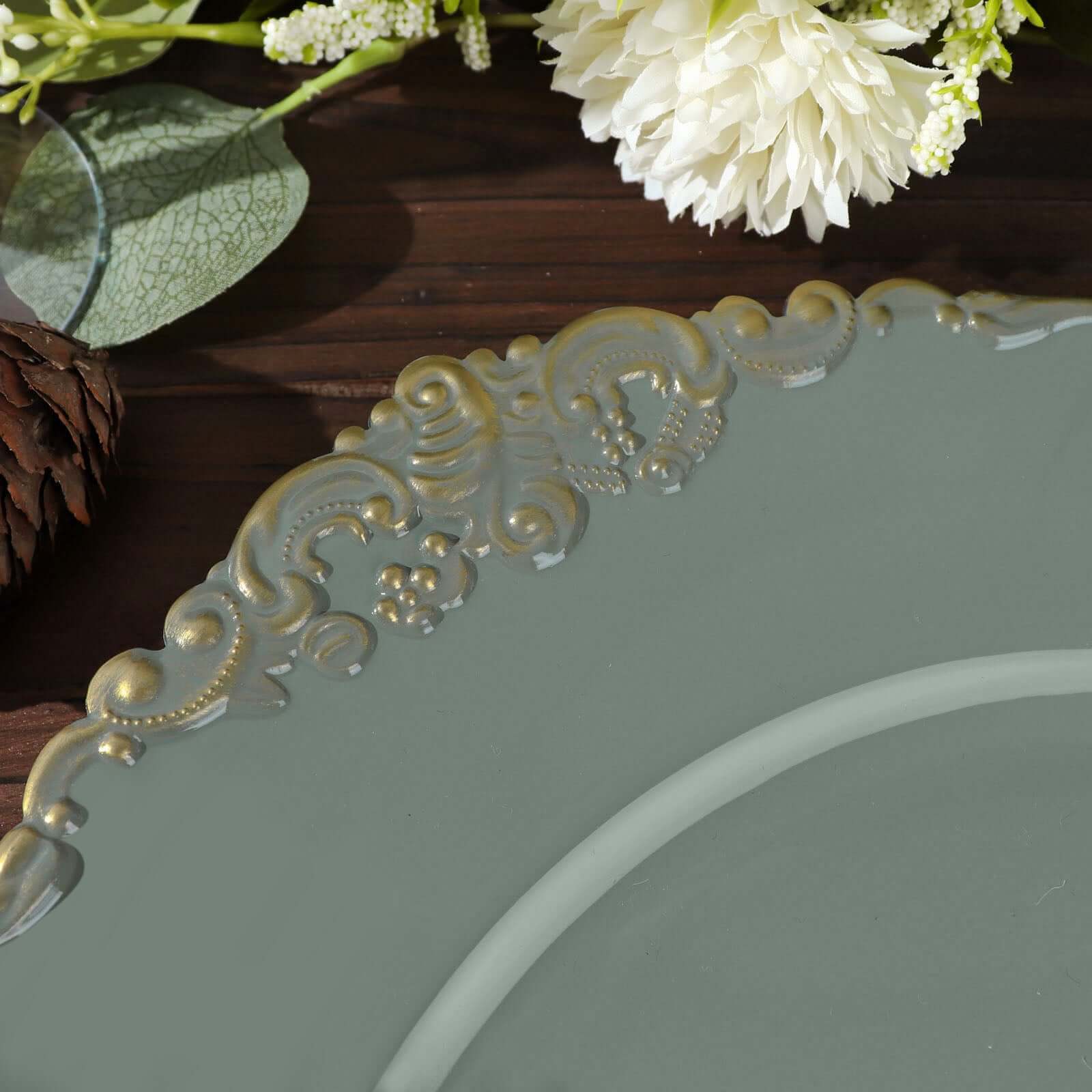 6-Pack Acrylic Charger Plates 13" Round Olive Green with Gold Embossed Baroque Rim - Antique Decorative Dinner Tableware - Image 10