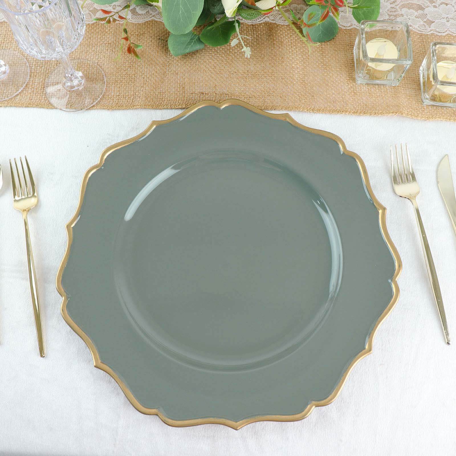 6-Pack Acrylic Charger Plates 13" Round Olive Green with Gold Scalloped Rim - Dinner Plastic Charger Tableware