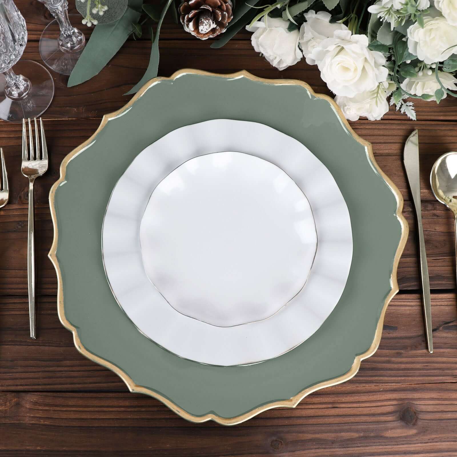 6-Pack Acrylic Charger Plates 13" Round Olive Green with Gold Scalloped Rim - Dinner Plastic Charger Tableware - Image 10