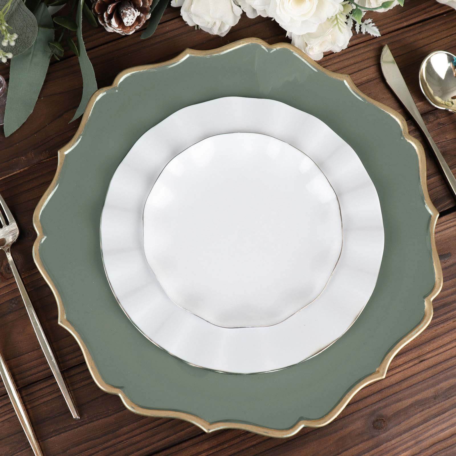 6-Pack Acrylic Charger Plates 13" Round Olive Green with Gold Scalloped Rim - Dinner Plastic Charger Tableware - Image 2