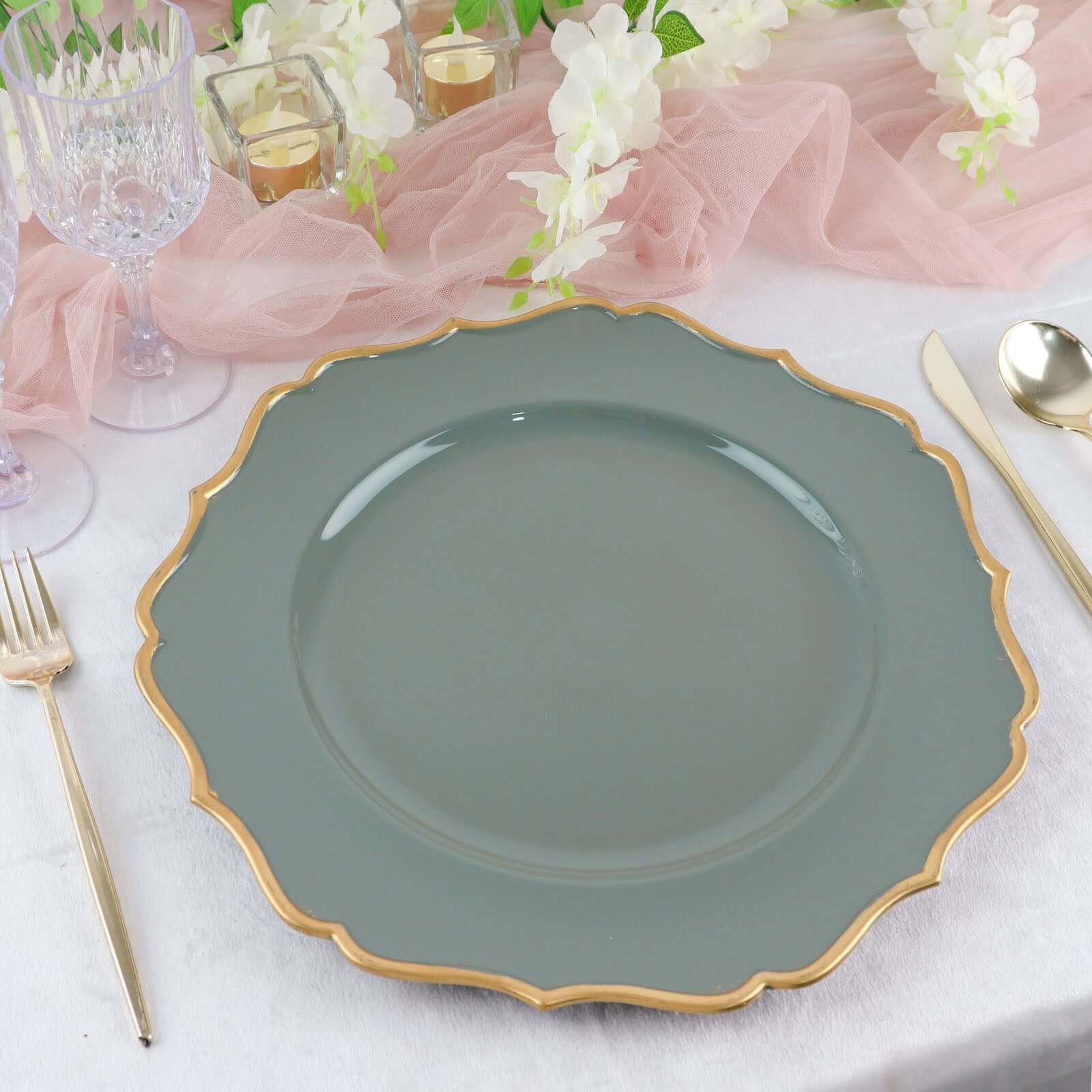 6-Pack Acrylic Charger Plates 13" Round Olive Green with Gold Scalloped Rim - Dinner Plastic Charger Tableware - Image 7