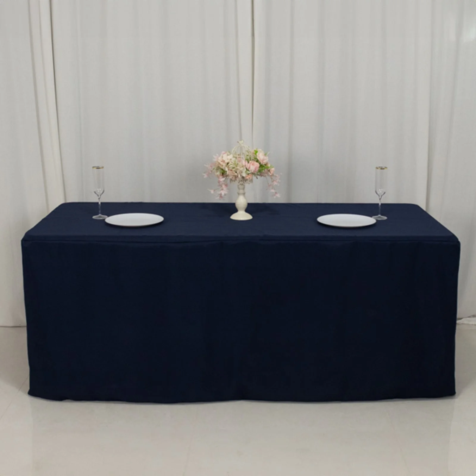 Open Back Fitted Polyester Rectangle Tablecloth 72"x30" Navy Blue - Trade Show Table Cover - Image 6