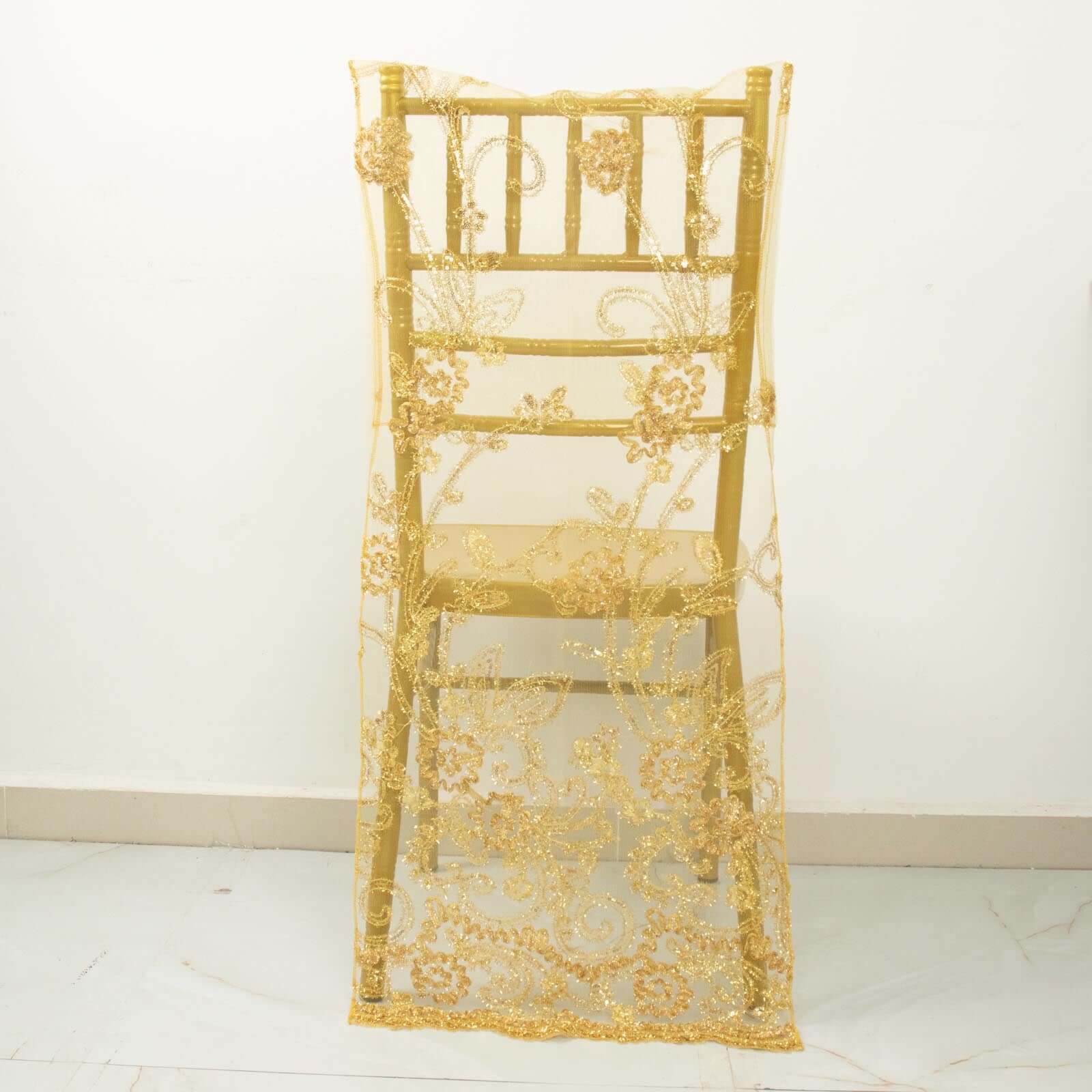 Organza Chair Slipcover Gold with Embroidered Floral Sequin - Chiavari Chair Back Lace Cover