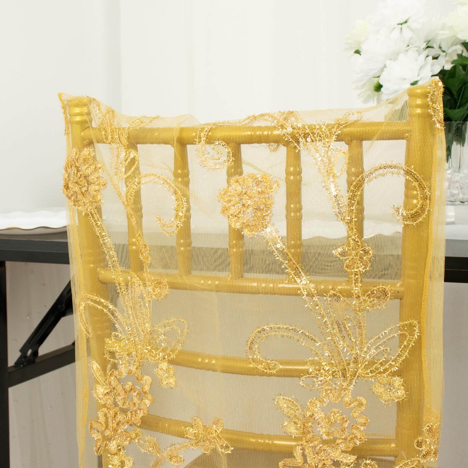 Organza Chair Slipcover Gold with Embroidered Floral Sequin - Chiavari Chair Back Lace Cover - Image 11