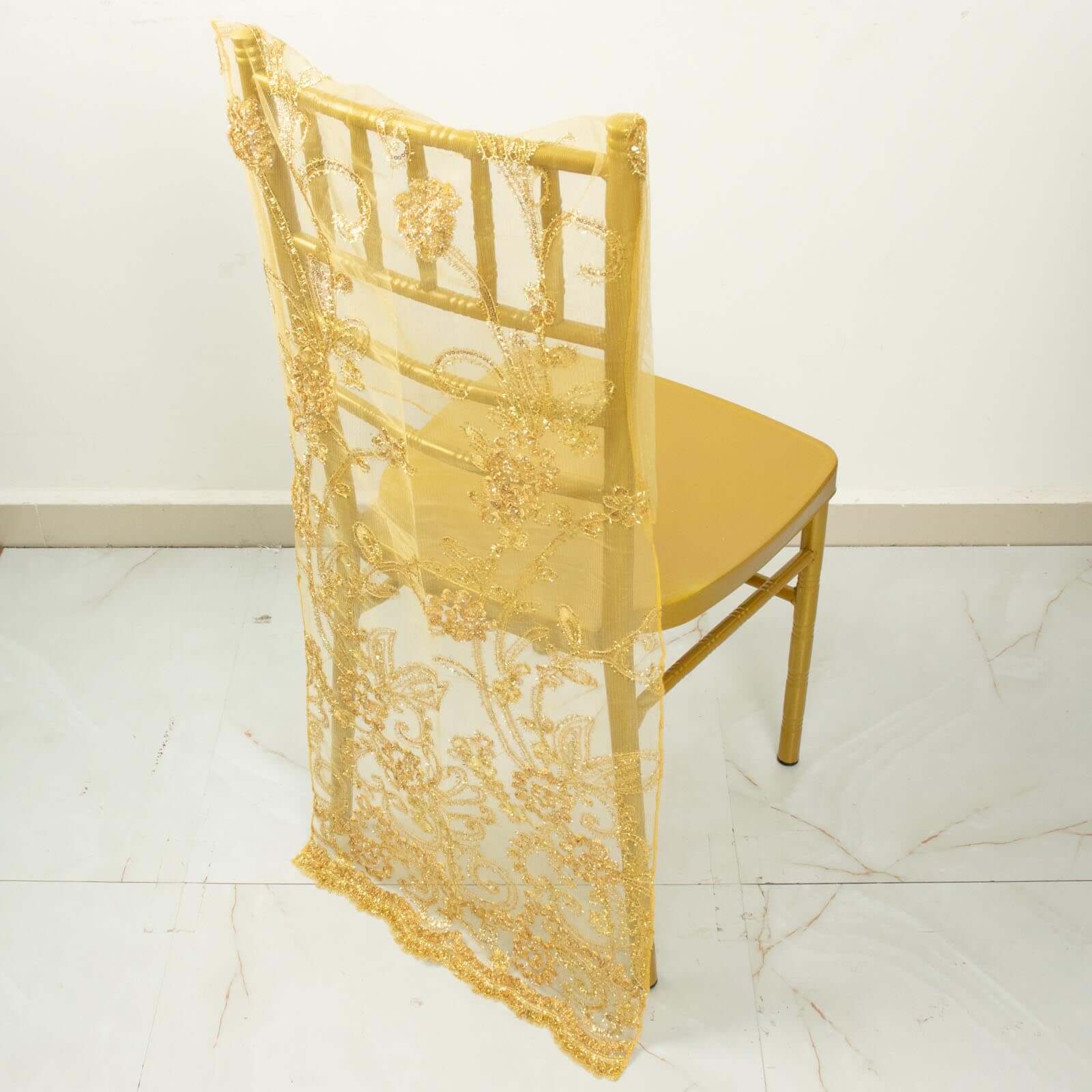 Organza Chair Slipcover Gold with Embroidered Floral Sequin - Chiavari Chair Back Lace Cover - Image 5