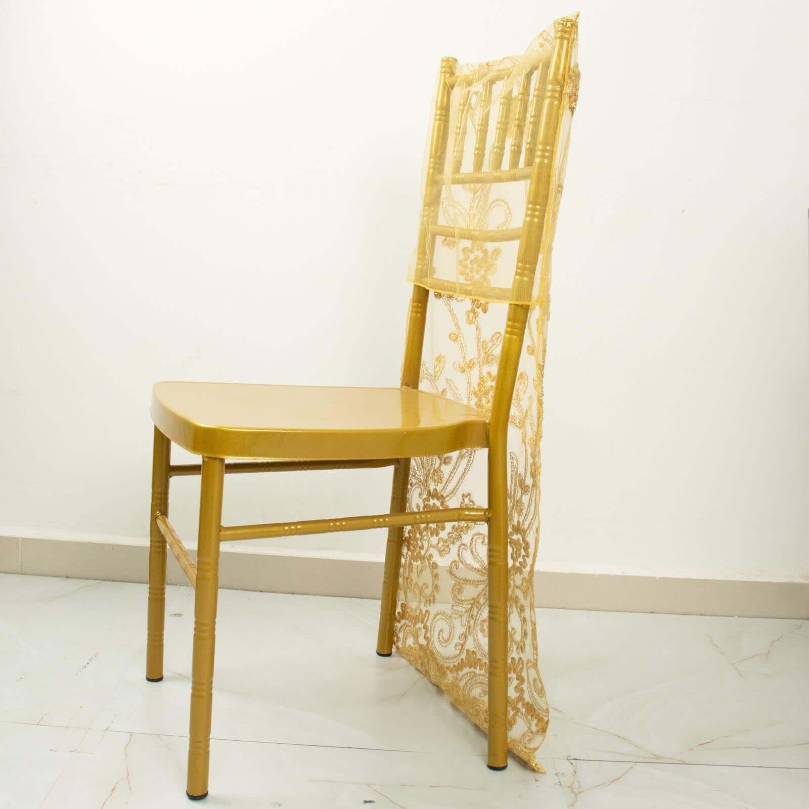 Organza Chair Slipcover Gold with Embroidered Floral Sequin - Chiavari Chair Back Lace Cover - Image 6