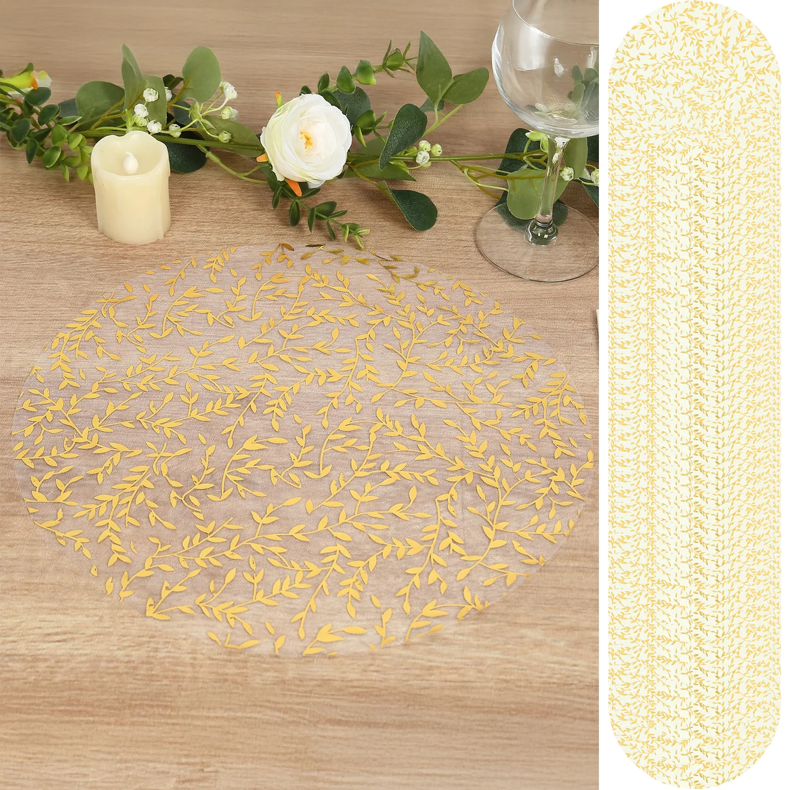 50-Pack Organza Table Placemats 13" Round Gold Foil Leaf Vine Design White - Disposable Floral Dining Mats - Image 5