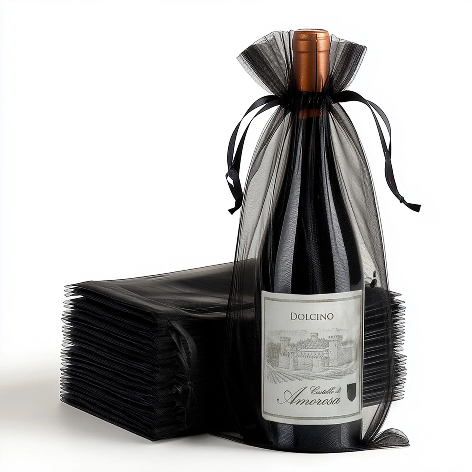 100 Pack Black Organza Wine Bags with Drawstring, 6" x 15" – Wedding Party Favor & Bottle Gift Bags - Image 8