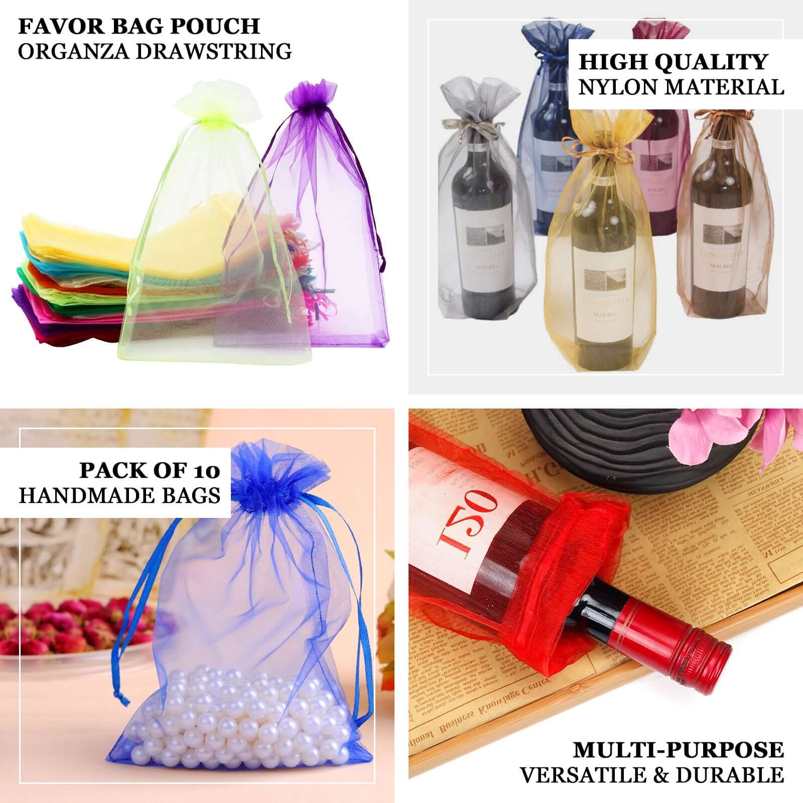 100 Pack Silver Organza Wine Bags with Drawstring, 6" x 15" – Wedding Party Favor & Bottle Gift Bags - Image 4