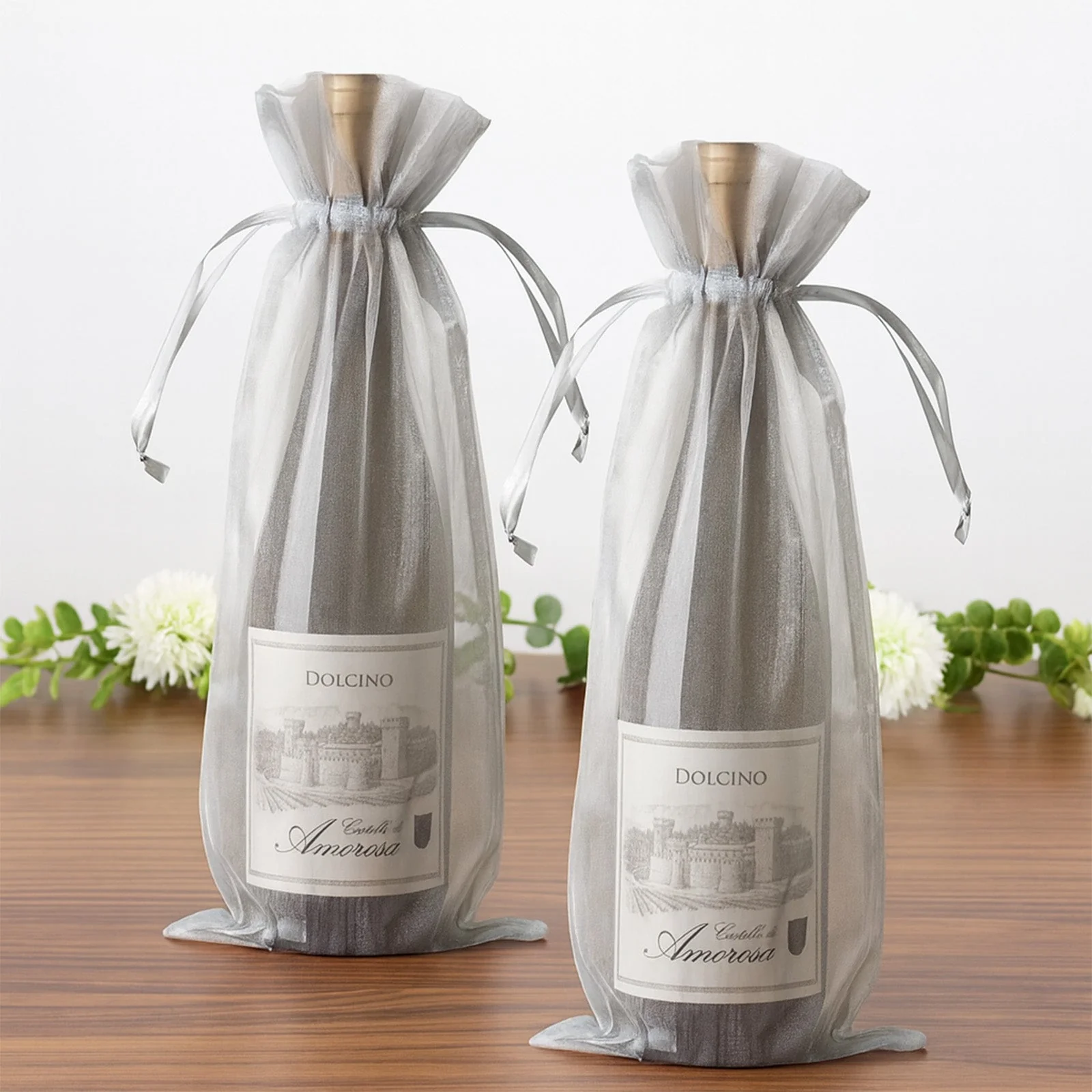 100 Pack Silver Organza Wine Bags with Drawstring, 6" x 15" – Wedding Party Favor & Bottle Gift Bags - Image 7