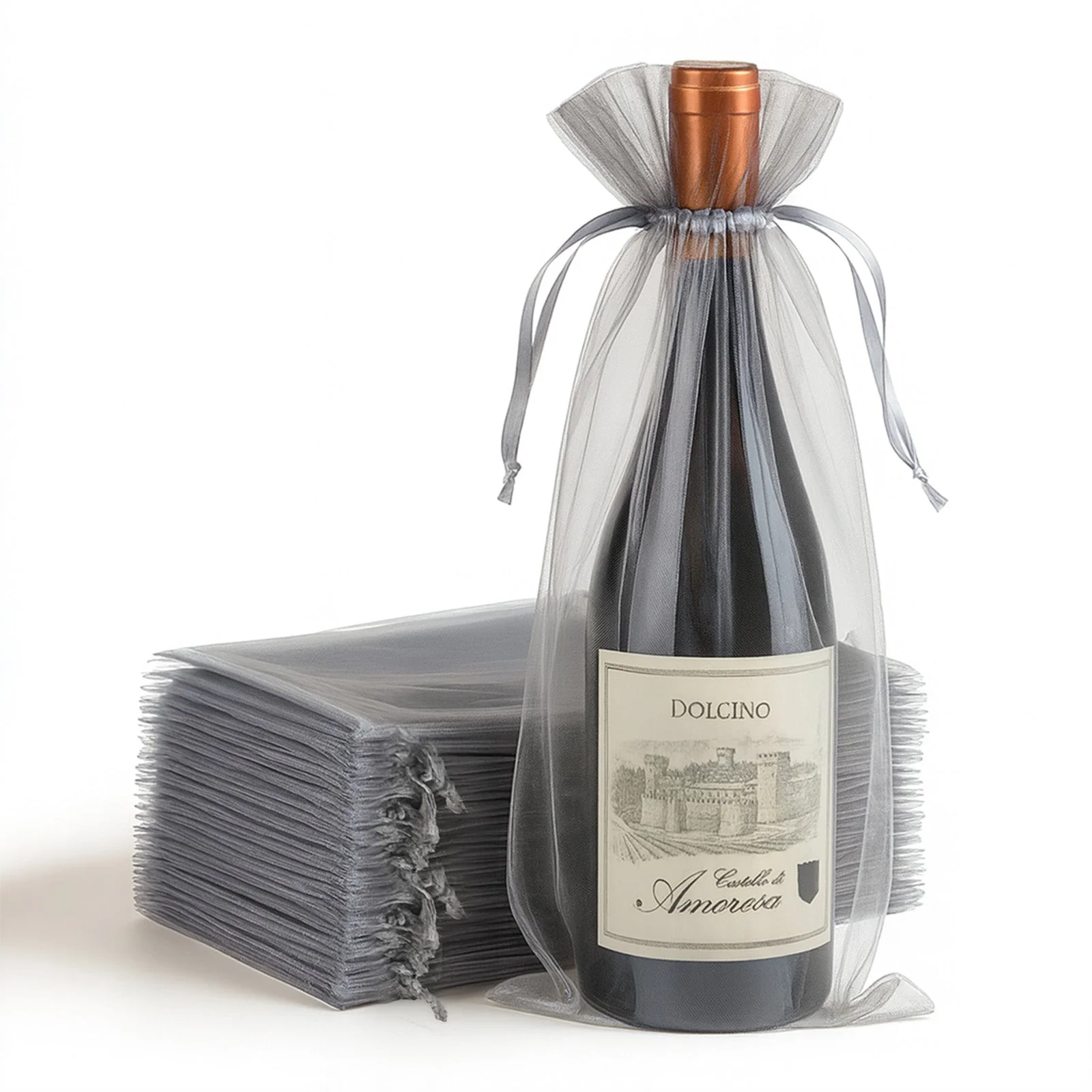 100 Pack Silver Organza Wine Bags with Drawstring, 6" x 15" – Wedding Party Favor & Bottle Gift Bags - Image 8