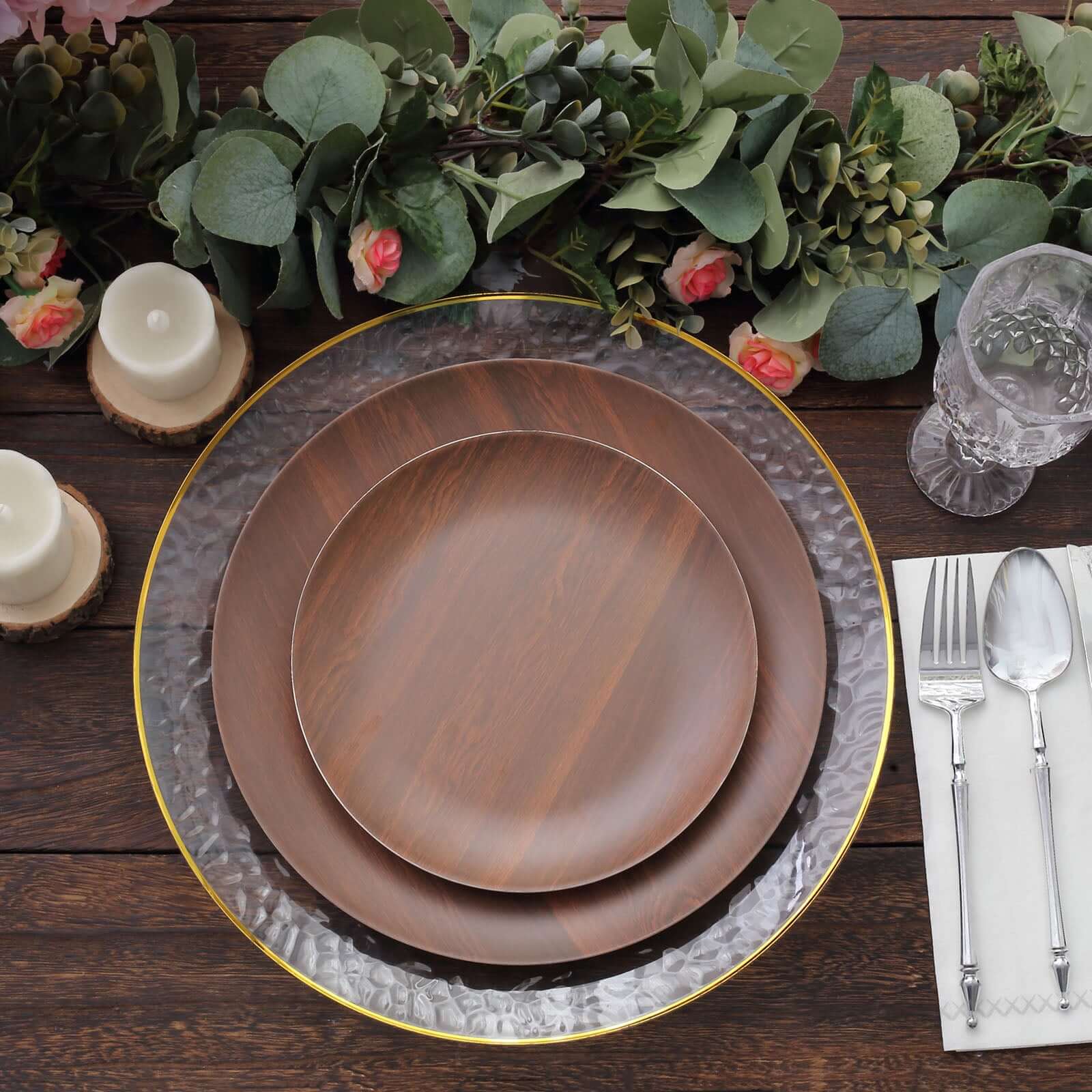 Pack of 6 Melamine Round Dinner Plates 10" Brown Wood Grain Print - Shatterproof Disposable Party Plates for Rustic Farmhouse-Inspired Events - Image 2
