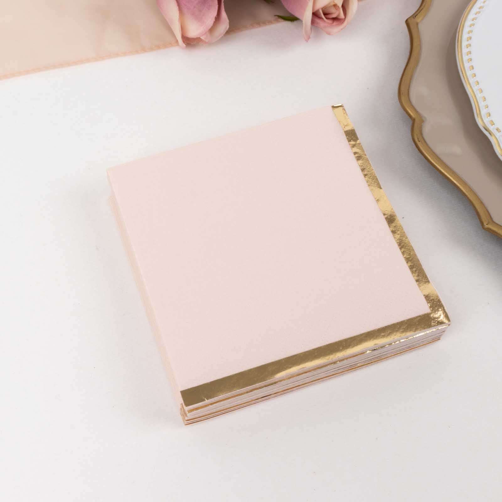 50-Pack Paper Beverage Napkins 2 Ply Blush with Gold Foil Edge 5"x5" - Soft Disposable Cocktail Napkins 18GSM