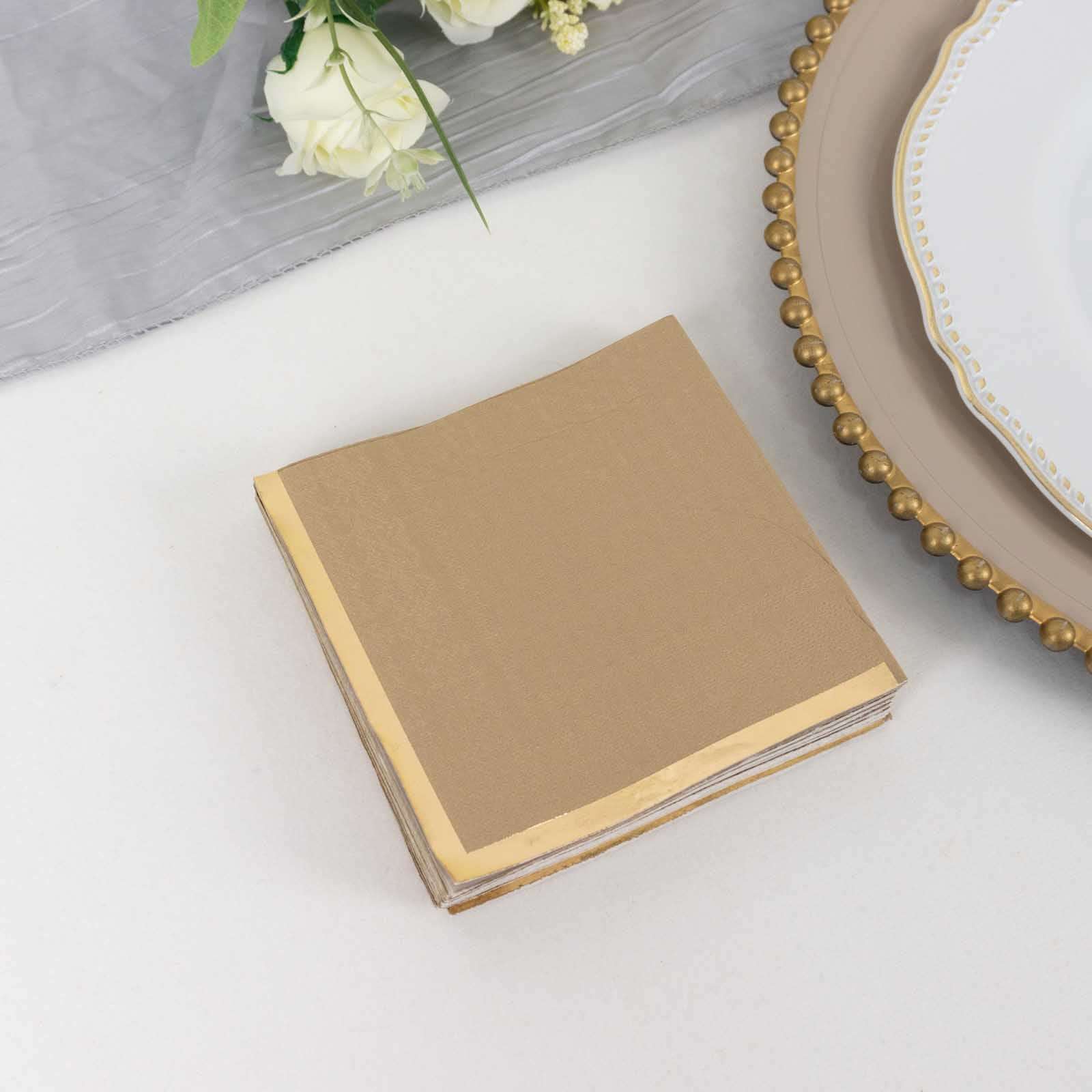 50-Pack Paper Beverage Napkins 2 Ply Natural with Gold Foil Edge 5"x5" - Soft Disposable Cocktail Napkins 18GSM