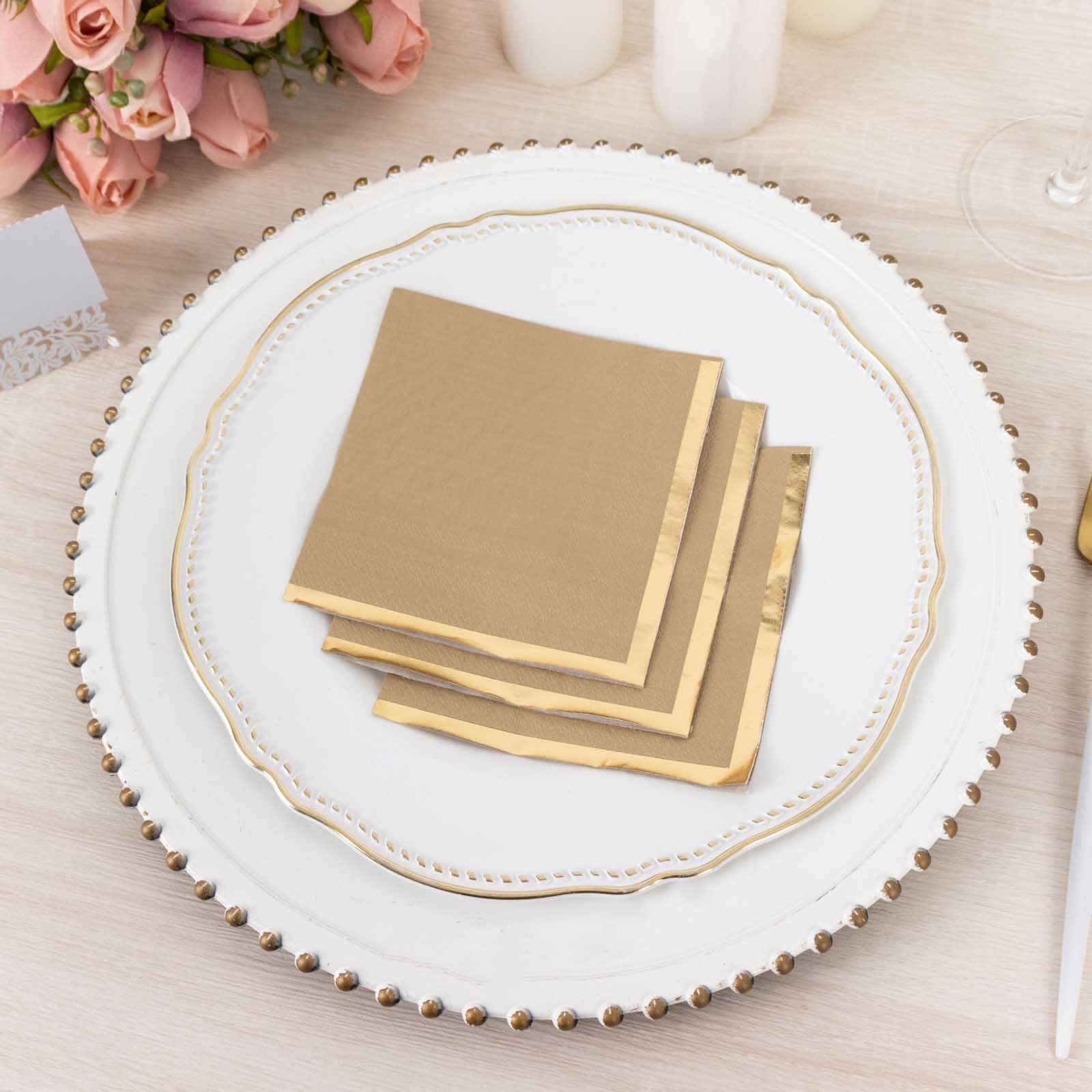 50-Pack Paper Beverage Napkins 2 Ply Natural with Gold Foil Edge 5"x5" - Soft Disposable Cocktail Napkins 18GSM - Image 2