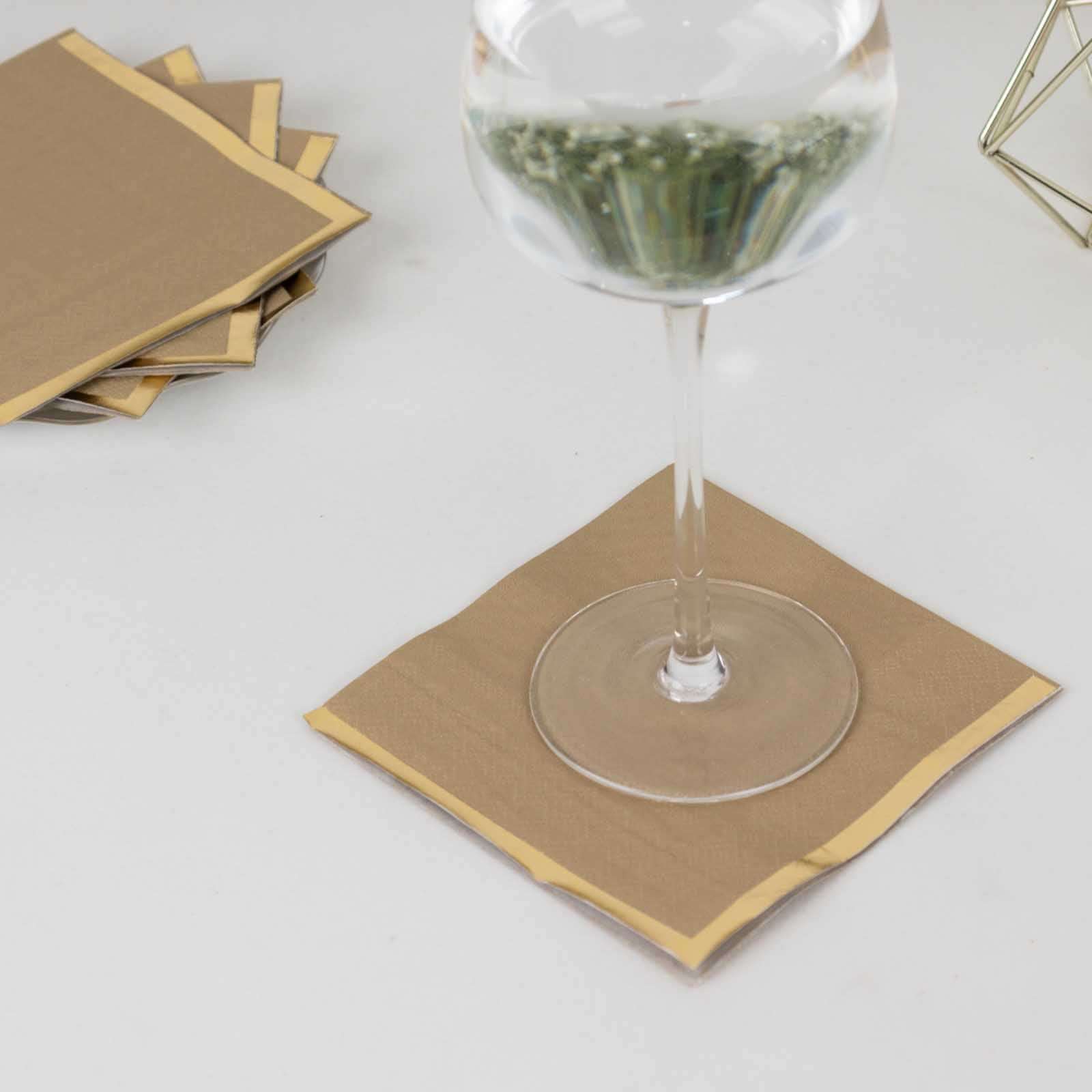 50-Pack Paper Beverage Napkins 2 Ply Natural with Gold Foil Edge 5"x5" - Soft Disposable Cocktail Napkins 18GSM - Image 4