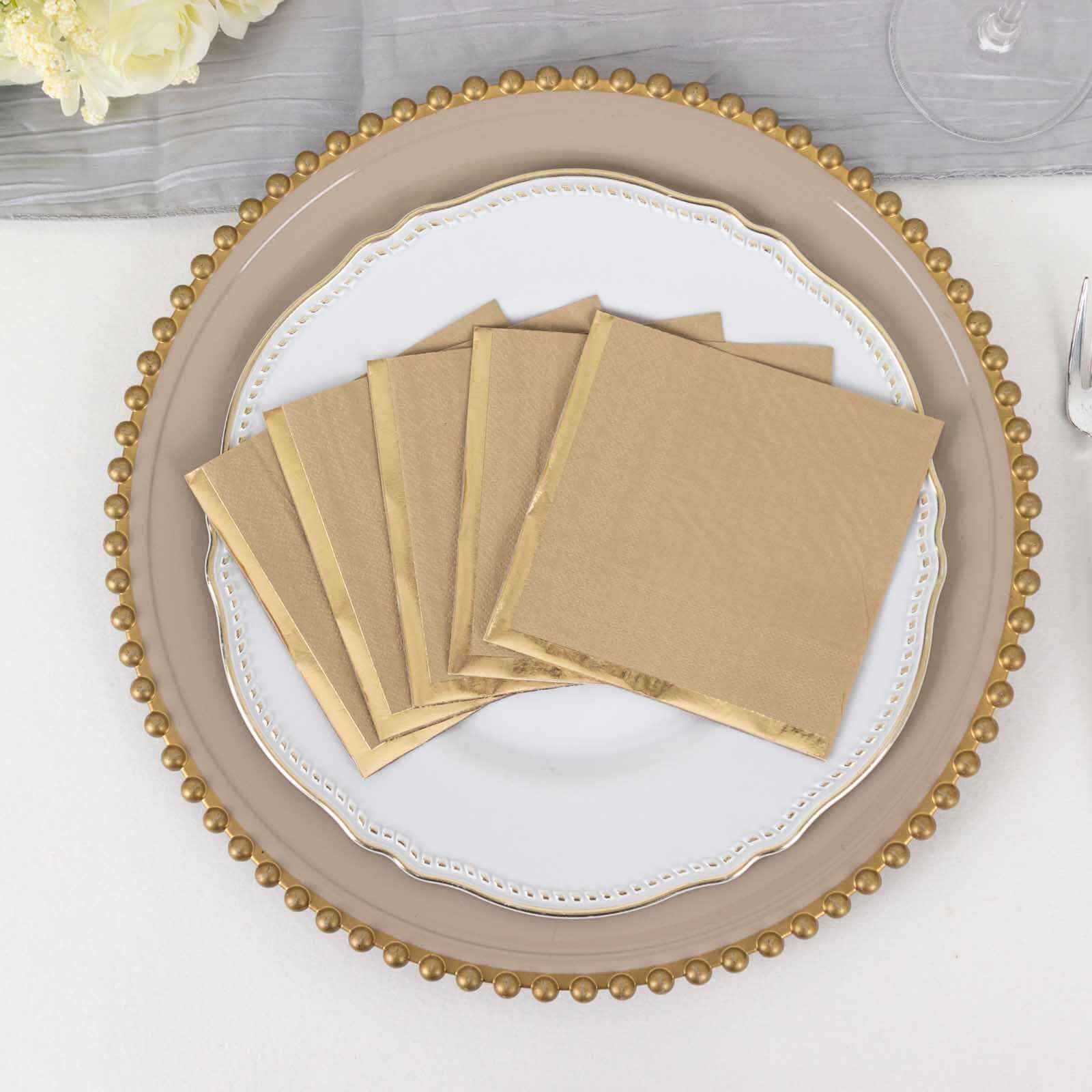 50-Pack Paper Beverage Napkins 2 Ply Natural with Gold Foil Edge 5"x5" - Soft Disposable Cocktail Napkins 18GSM - Image 5