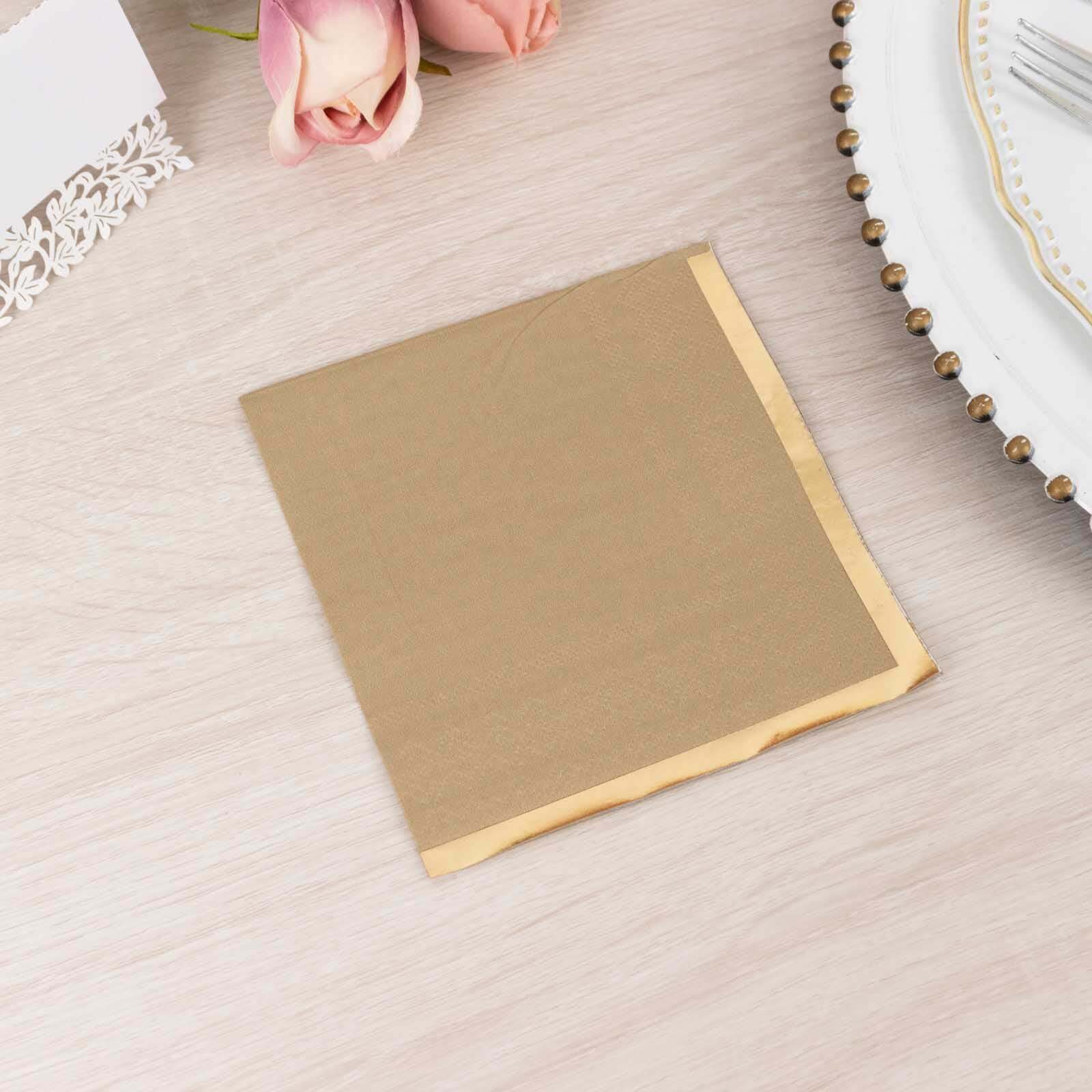 50-Pack Paper Beverage Napkins 2 Ply Natural with Gold Foil Edge 5"x5" - Soft Disposable Cocktail Napkins 18GSM - Image 6
