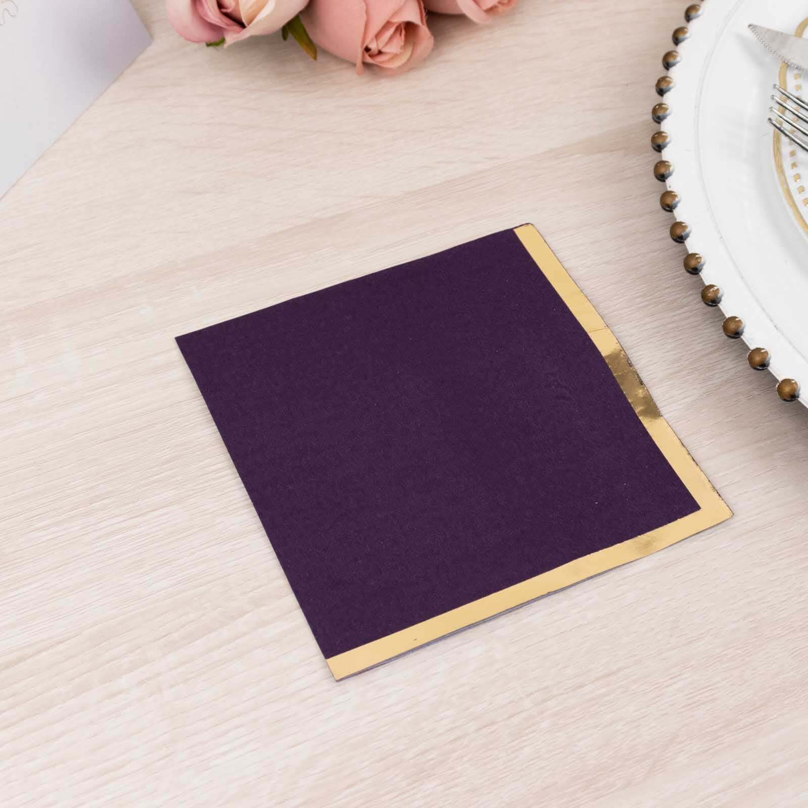 50-Pack Paper Beverage Napkins 2 Ply Purple with Gold Foil Edge 5"x5" - Soft Disposable Cocktail Napkins 18GSM - Image 10