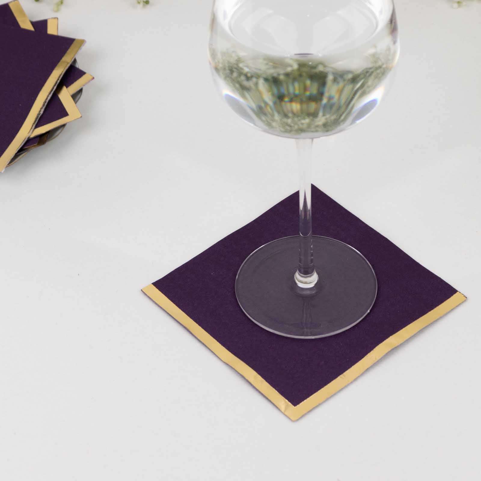 50-Pack Paper Beverage Napkins 2 Ply Purple with Gold Foil Edge 5"x5" - Soft Disposable Cocktail Napkins 18GSM - Image 3