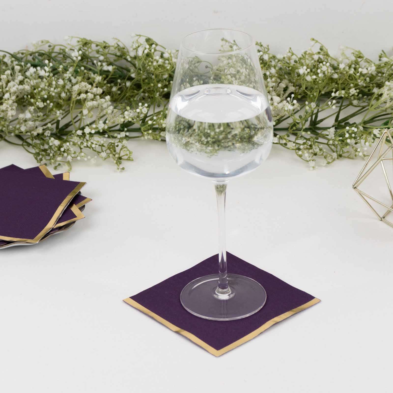 50-Pack Paper Beverage Napkins 2 Ply Purple with Gold Foil Edge 5"x5" - Soft Disposable Cocktail Napkins 18GSM - Image 4