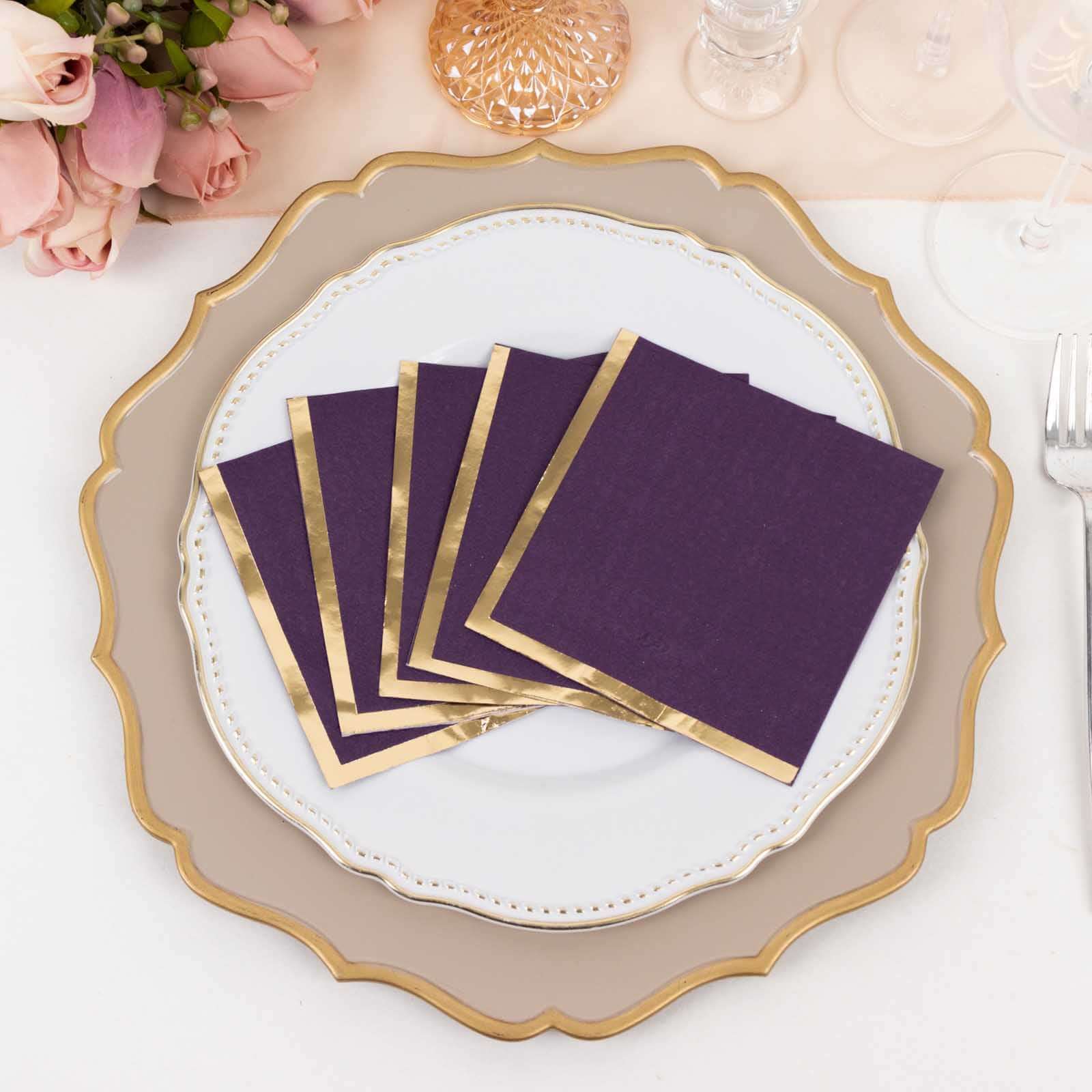 50-Pack Paper Beverage Napkins 2 Ply Purple with Gold Foil Edge 5"x5" - Soft Disposable Cocktail Napkins 18GSM - Image 9