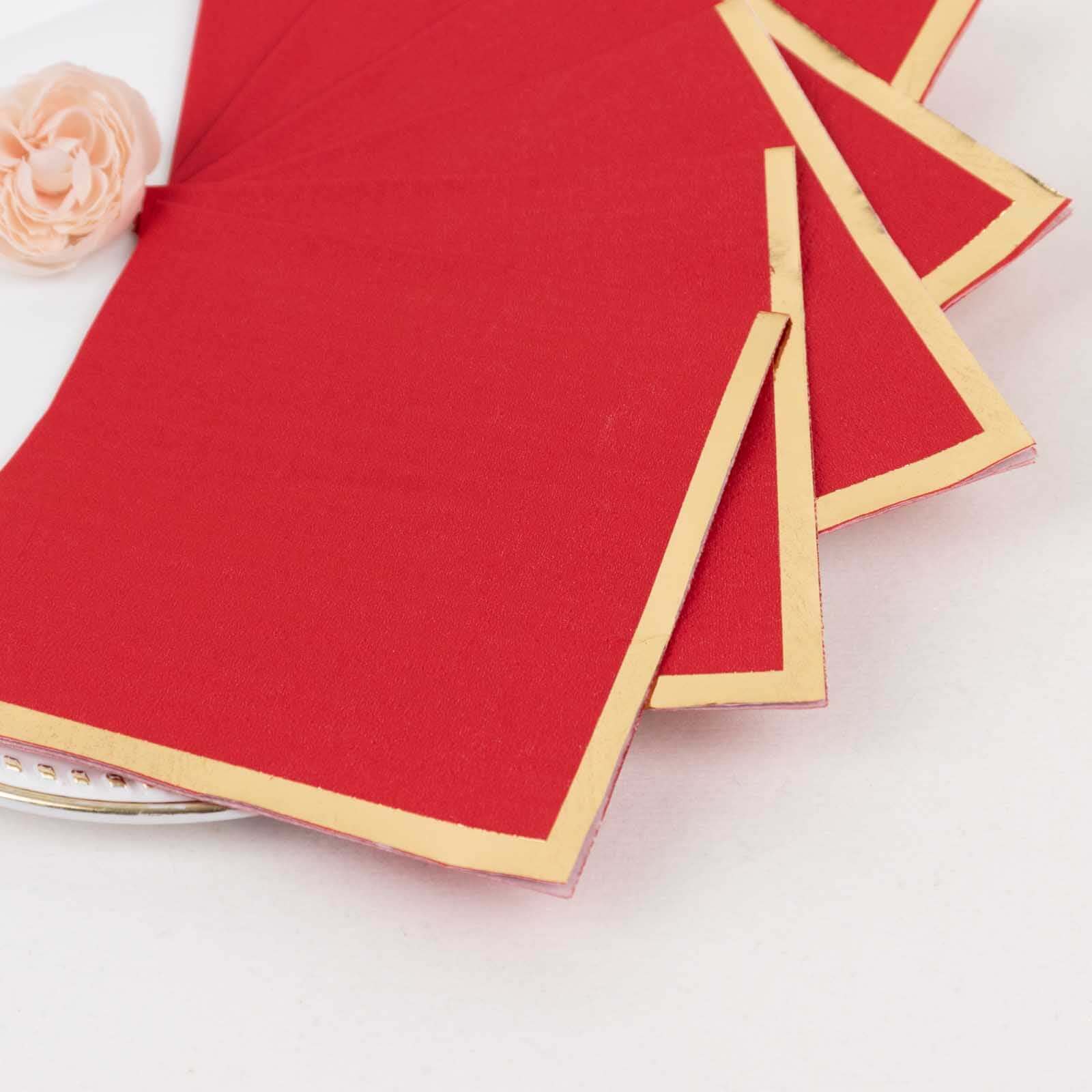 50-Pack Paper Beverage Napkins 2 Ply Red with Gold Foil Edge 5"x5" - Soft Disposable Cocktail Napkins 18GSM - Image 2
