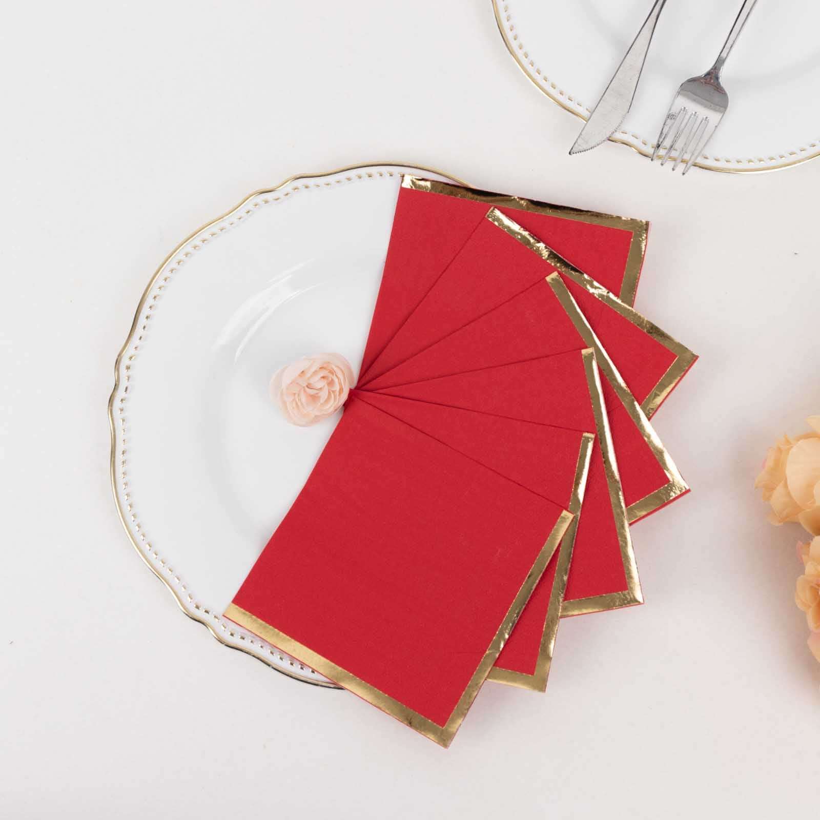50-Pack Paper Beverage Napkins 2 Ply Red with Gold Foil Edge 5"x5" - Soft Disposable Cocktail Napkins 18GSM - Image 5