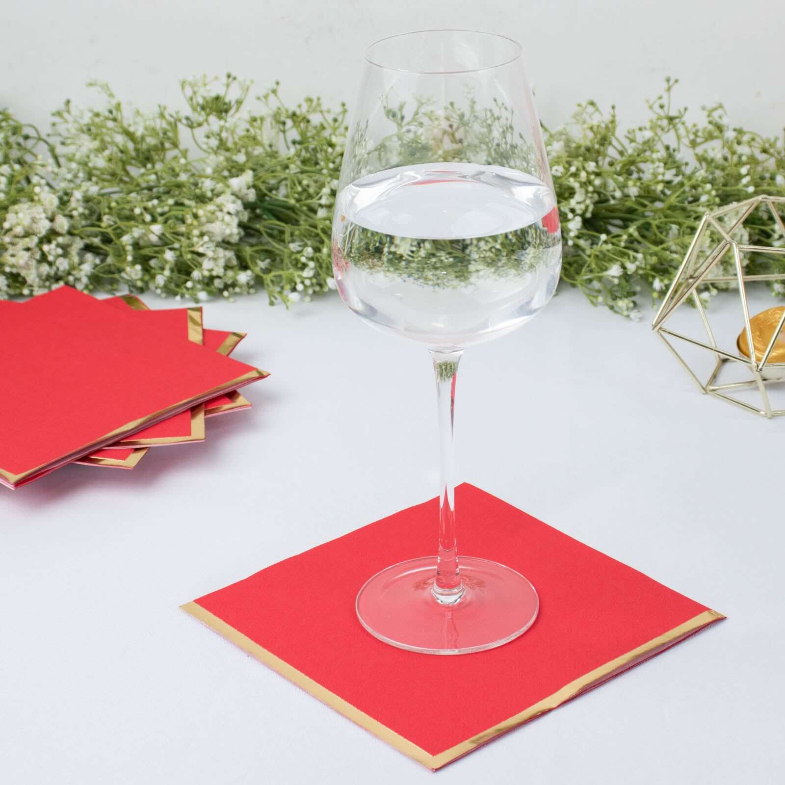 50-Pack Paper Beverage Napkins 2 Ply Red with Gold Foil Edge 6.5"x6.5" - Soft Disposable Cocktail Napkins - Image 2
