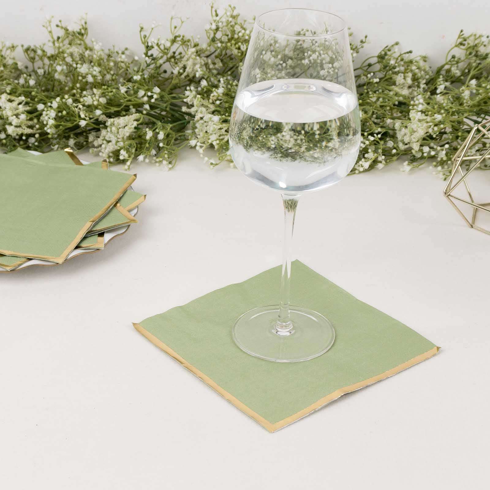 50-Pack Paper Beverage Napkins 2 Ply Sage Green with Gold Foil Edge 6.5"x6.5" - Soft Disposable Cocktail Napkins - Image 2