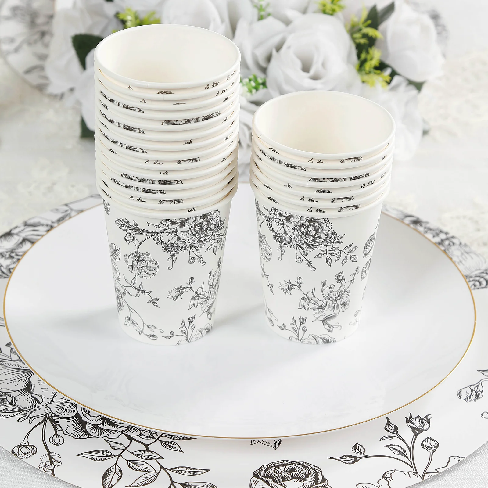 50-Pack Paper Cups 9oz White with Black French Toile Print - Chic Disposable Floral Party Cups for Hot & Cold Beverages - Image 2