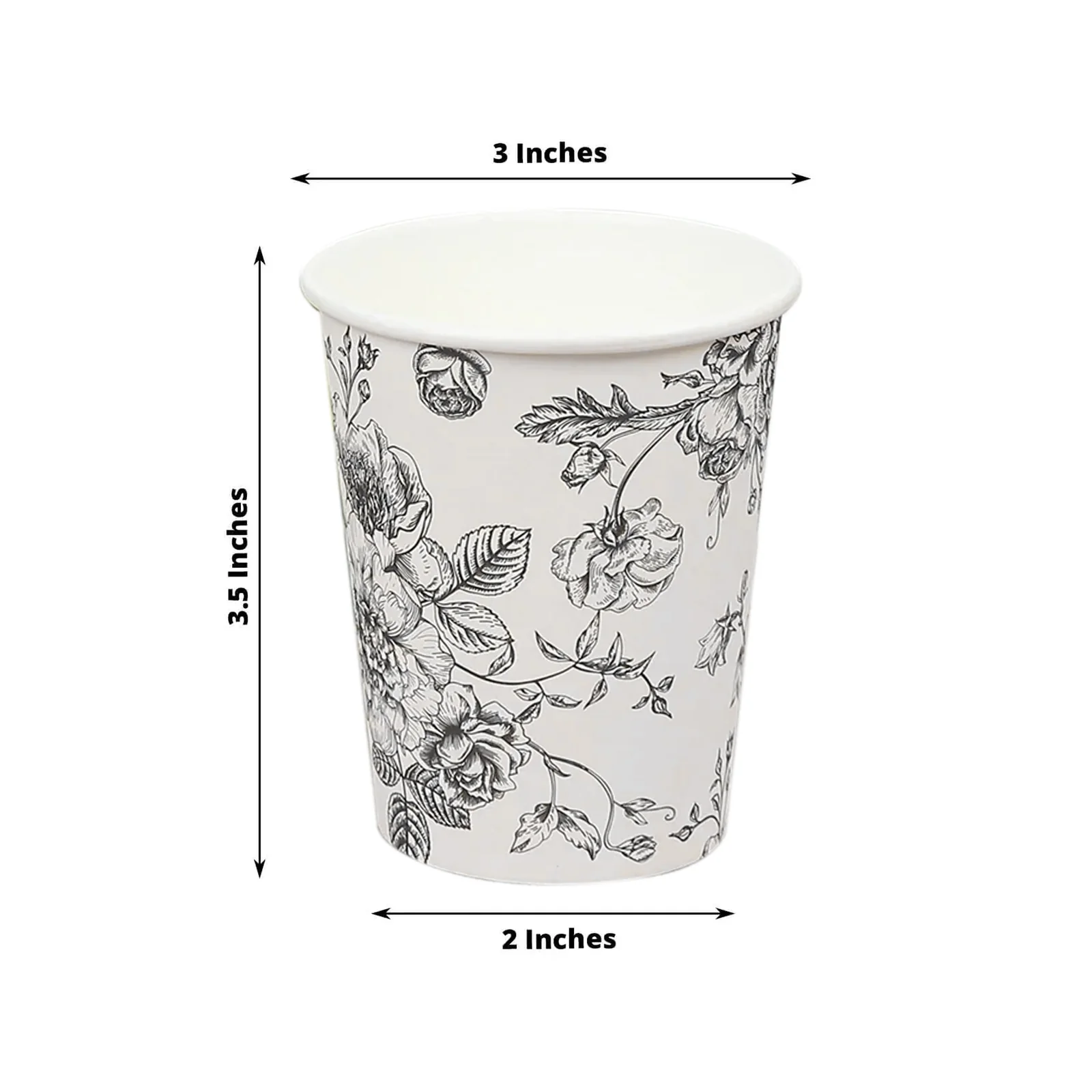 50-Pack Paper Cups 9oz White with Black French Toile Print - Chic Disposable Floral Party Cups for Hot & Cold Beverages - Image 3