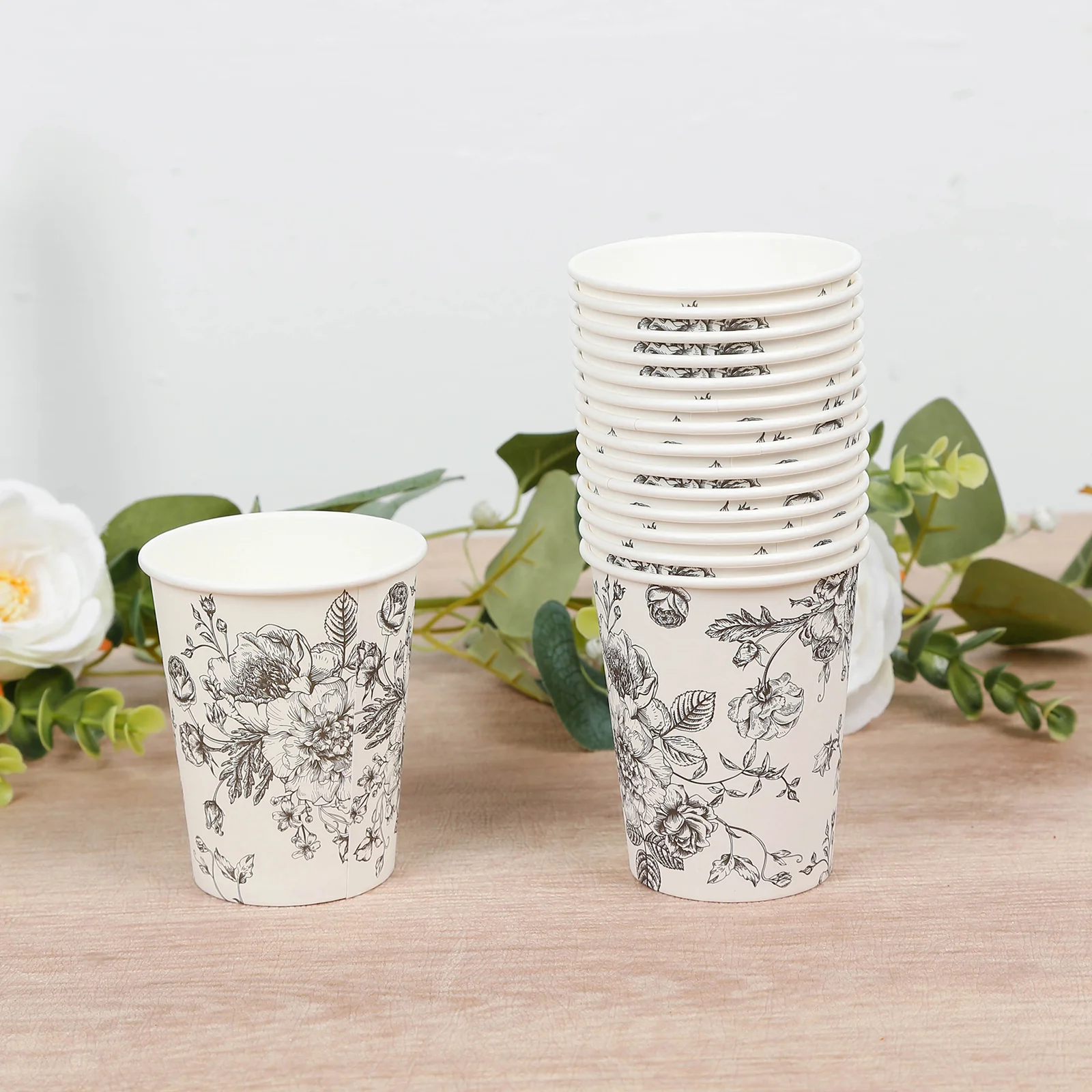 50-Pack Paper Cups 9oz White with Black French Toile Print - Chic Disposable Floral Party Cups for Hot & Cold Beverages - Image 6