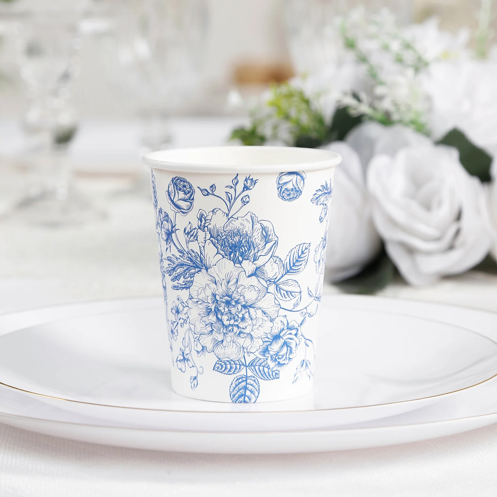 50-Pack Paper Cups 9oz White with Blue French Toile Print - Chic Disposable Floral Party Cups for Hot & Cold Beverages