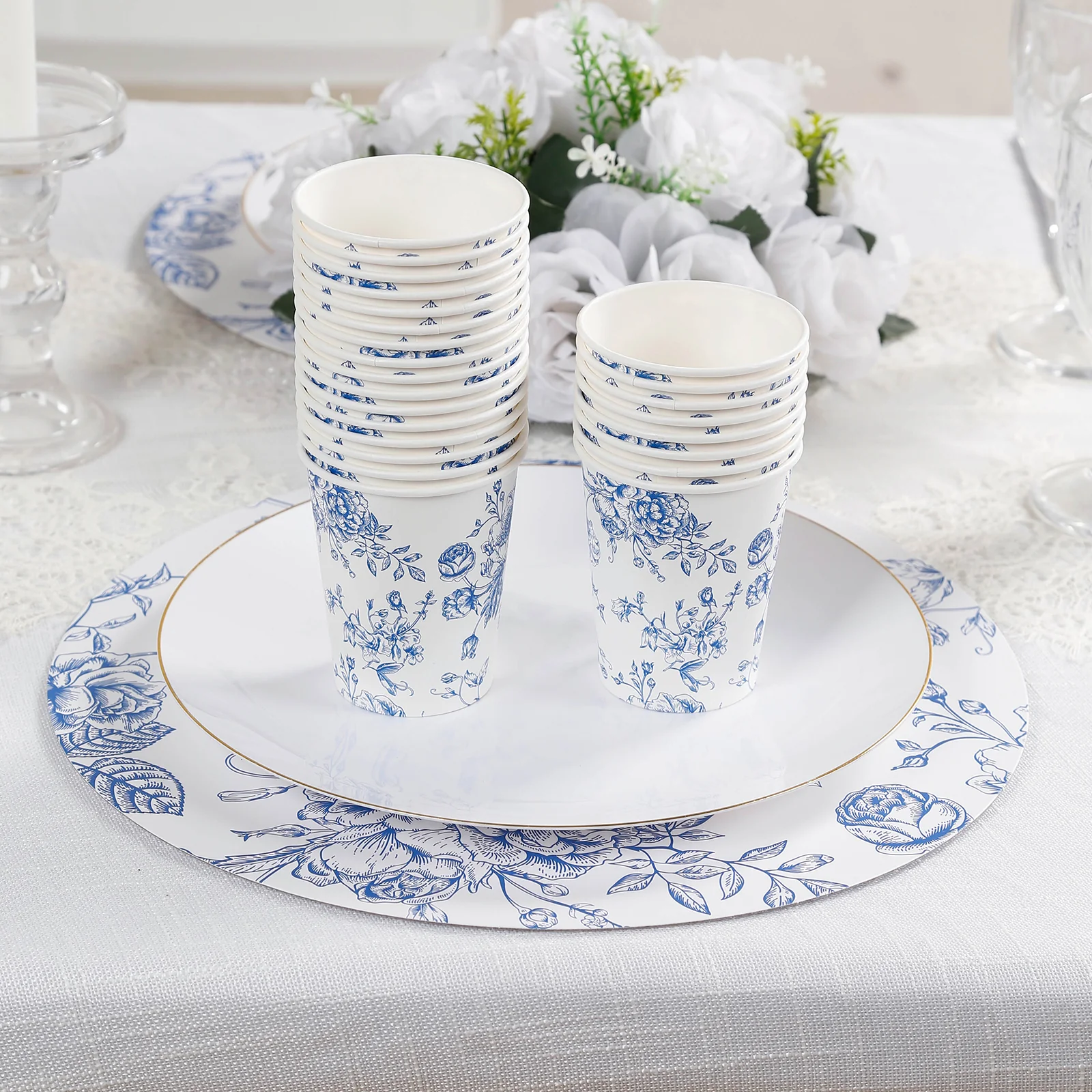 50-Pack Paper Cups 9oz White with Blue French Toile Print - Chic Disposable Floral Party Cups for Hot & Cold Beverages - Image 2