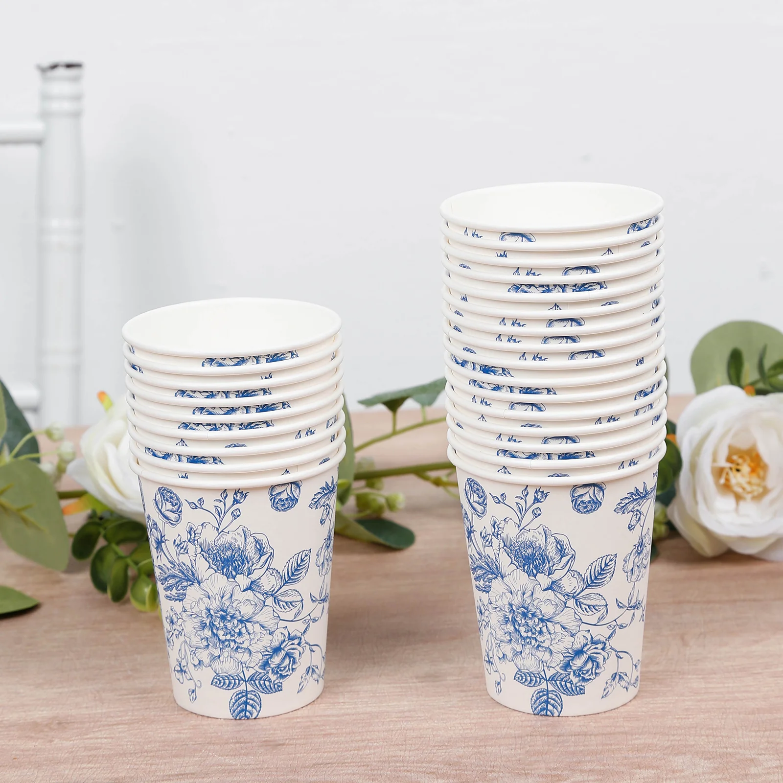 50-Pack Paper Cups 9oz White with Blue French Toile Print - Chic Disposable Floral Party Cups for Hot & Cold Beverages - Image 6