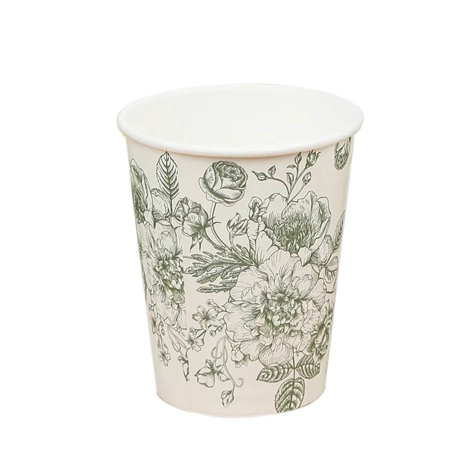 50-Pack Paper Cups 9oz White with Sage Green French Toile Print - Chic Disposable Floral Party Cups for Hot & Cold Beverages - Image 2