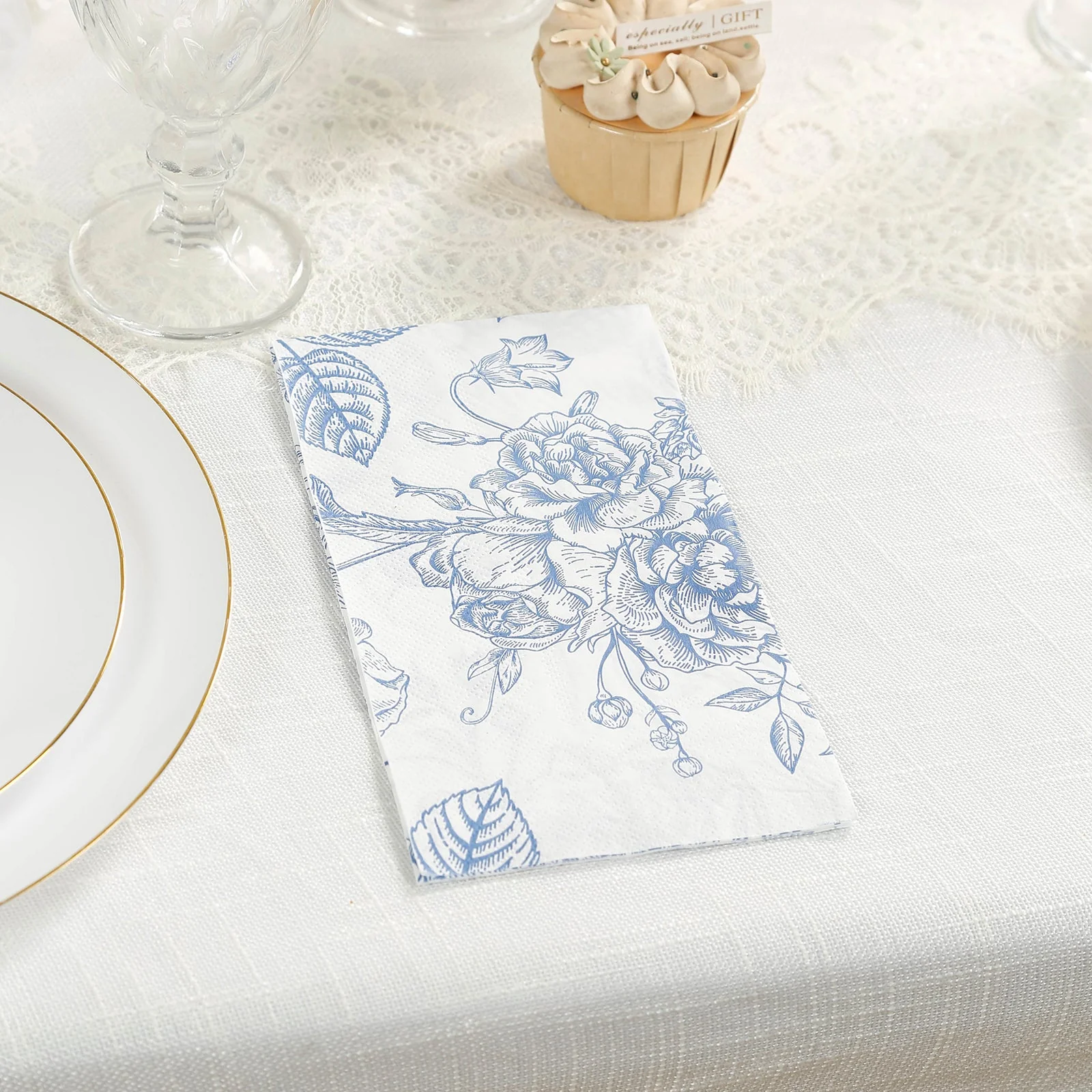 50-Pack Paper Dinner Napkins 2-Ply White with Matte Blue French Toile Floral Pattern - Soft Disposable Party Napkins