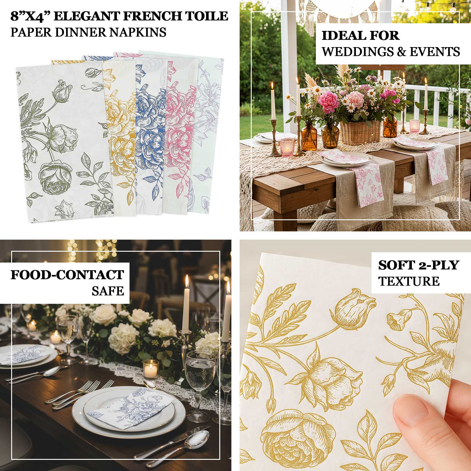 50-Pack Paper Dinner Napkins 2-Ply White with Matte Blue French Toile Floral Pattern - Soft Disposable Party Napkins - Image 4